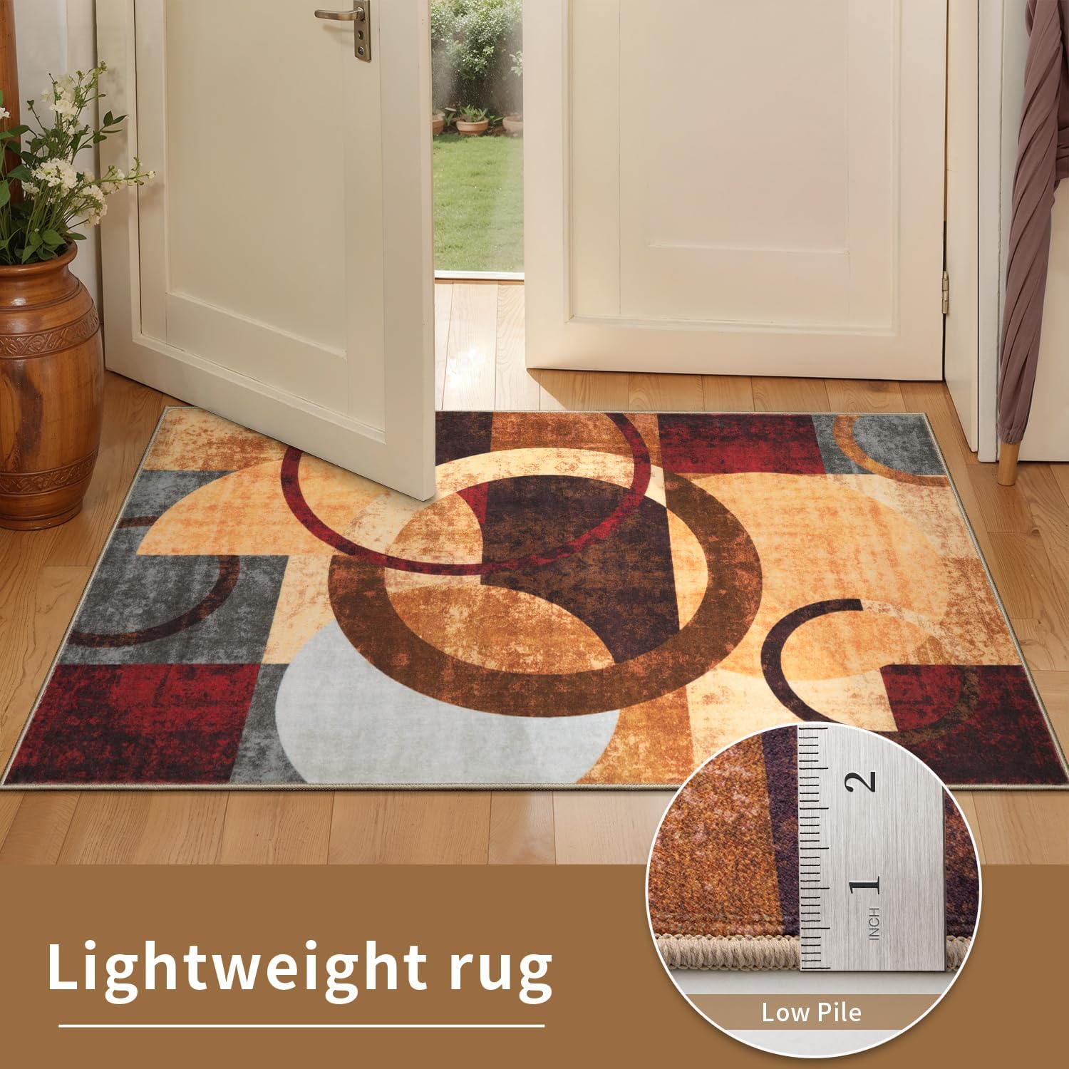 SERISSA Modern Abstract Washable Area Rug, 5'x7' Non-Slip Soft Low-Pile Floor Carpet for Living Room, Dining Room, Bedroom & Office – Geometric Brown & Red Decor
