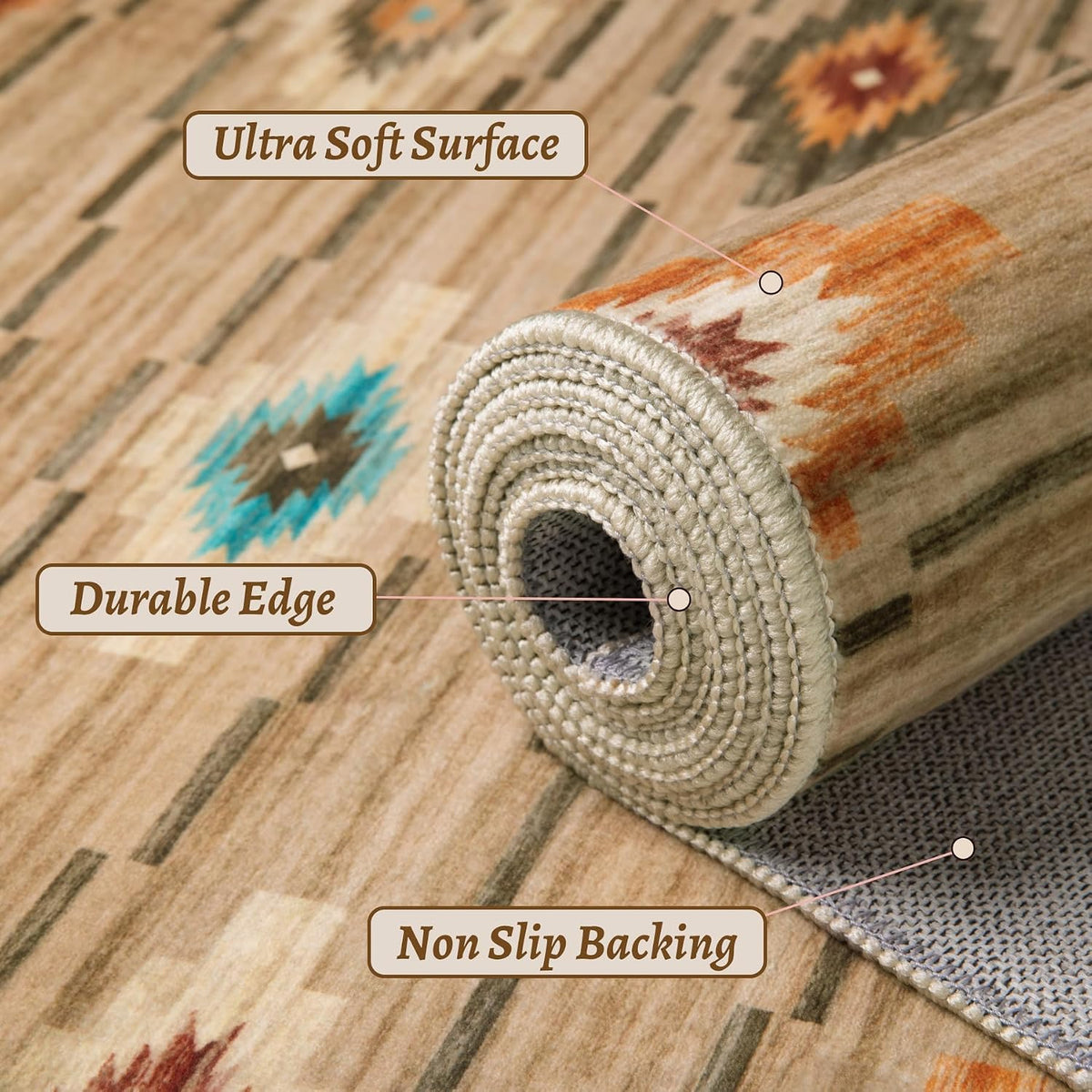 5x7 Khaki Southwestern Washable Area Rug - Non-Slip Abstract Carpet