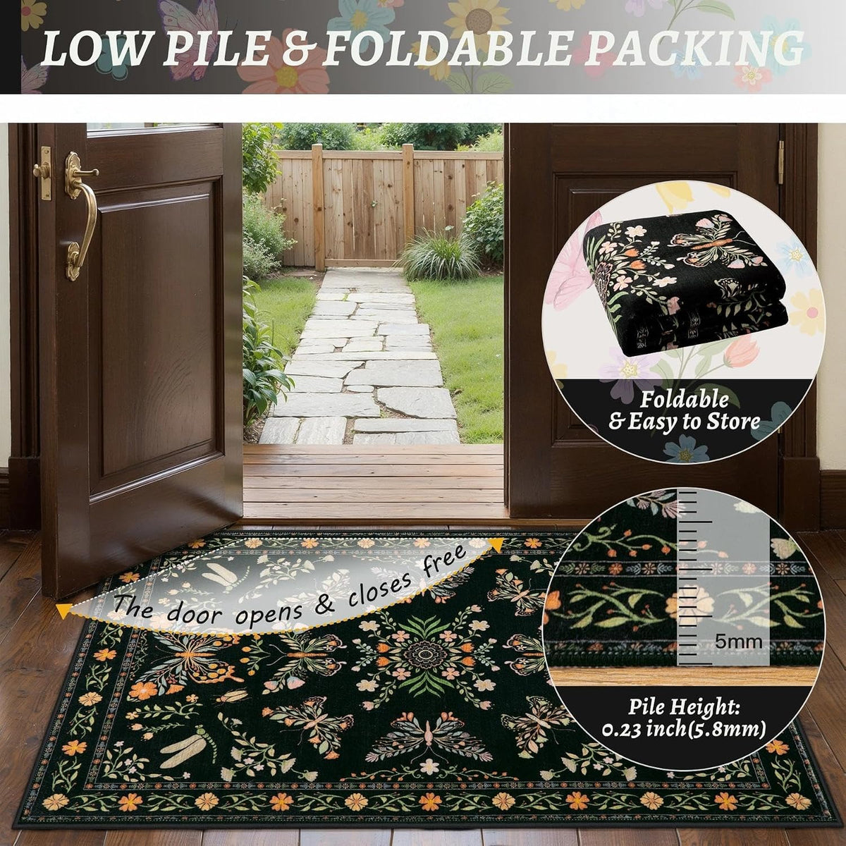6x9 Black Floral Butterfly Boho Washable Area Rug - Non-Slip Large Carpet