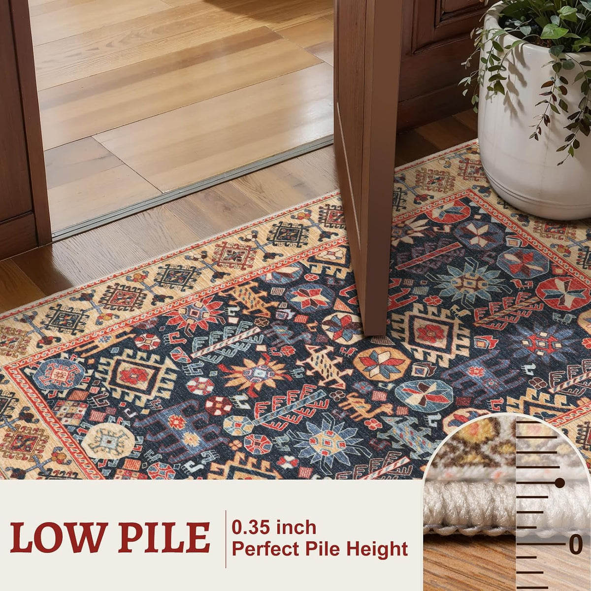 2x6 Blue and Beige Boho Vintage Washable Runner Rug - Non-Slip Hallway Carpet