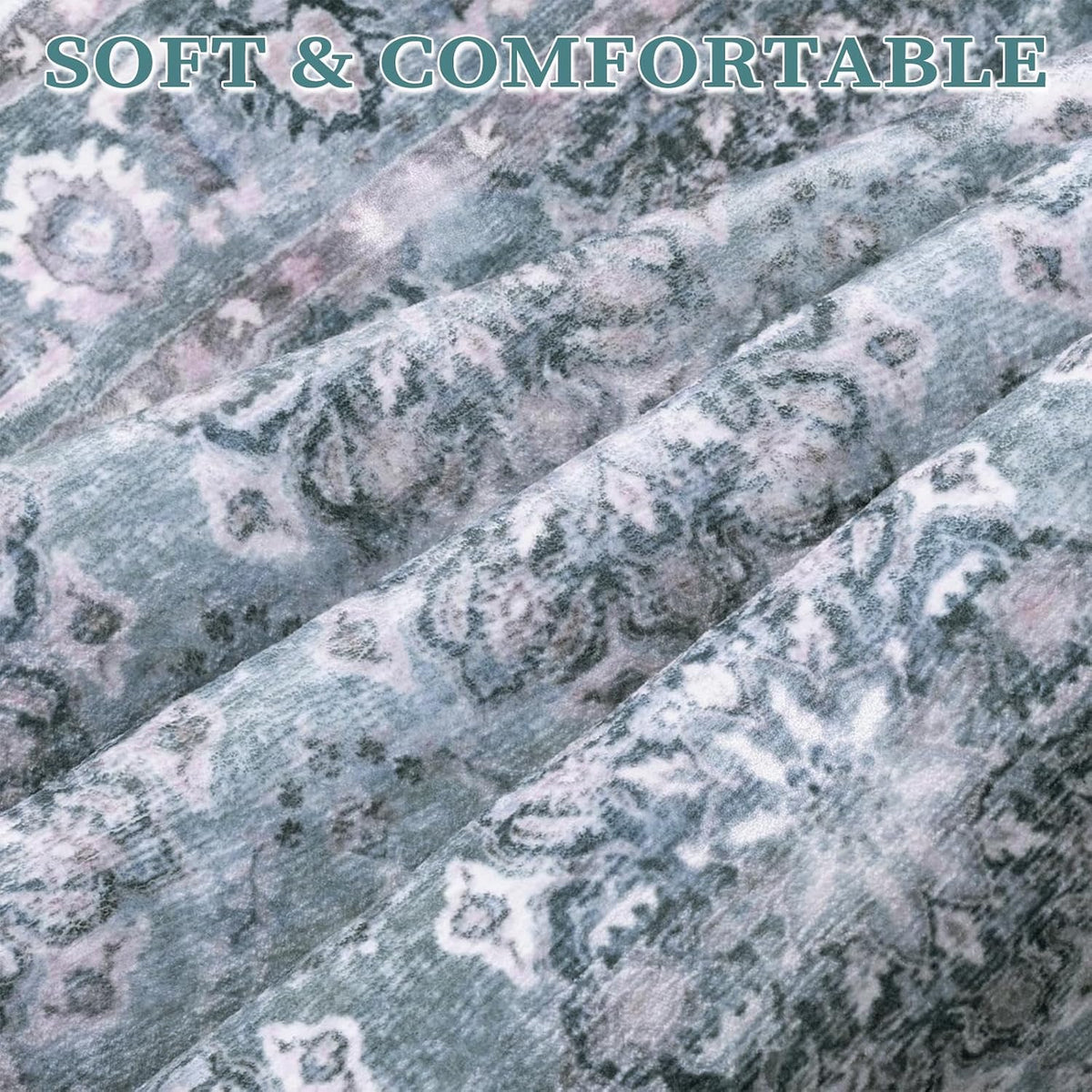 8x10 Blue Grey Floral Vintage Boho Washable Area Rug - Non-Slip Large Carpet
