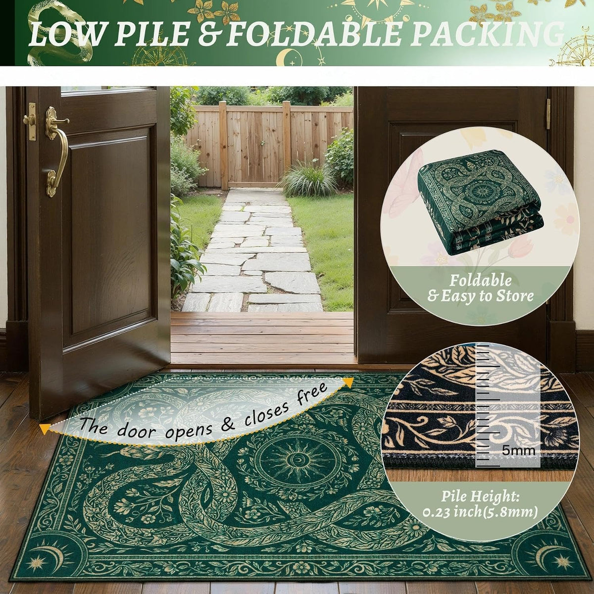 6x9 Green Gothic Floral Snake Washable Area Rug - Non-Slip Large Carpet