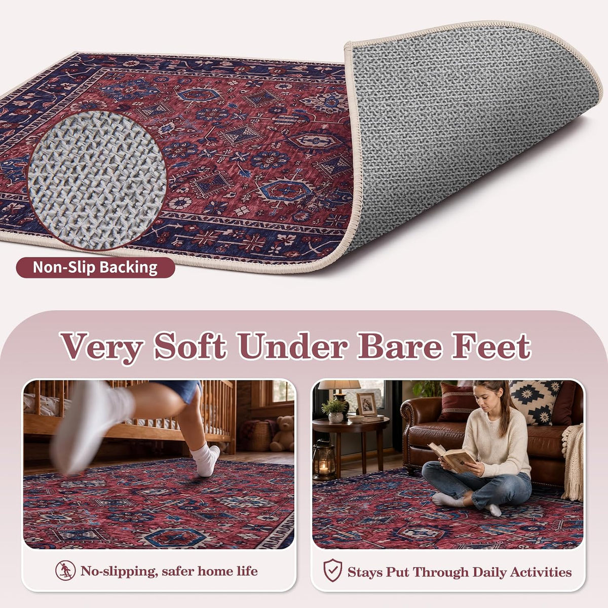 2x3 Rust Red Vintage Boho Washable Small Rug - Non-Slip Entryway Mat