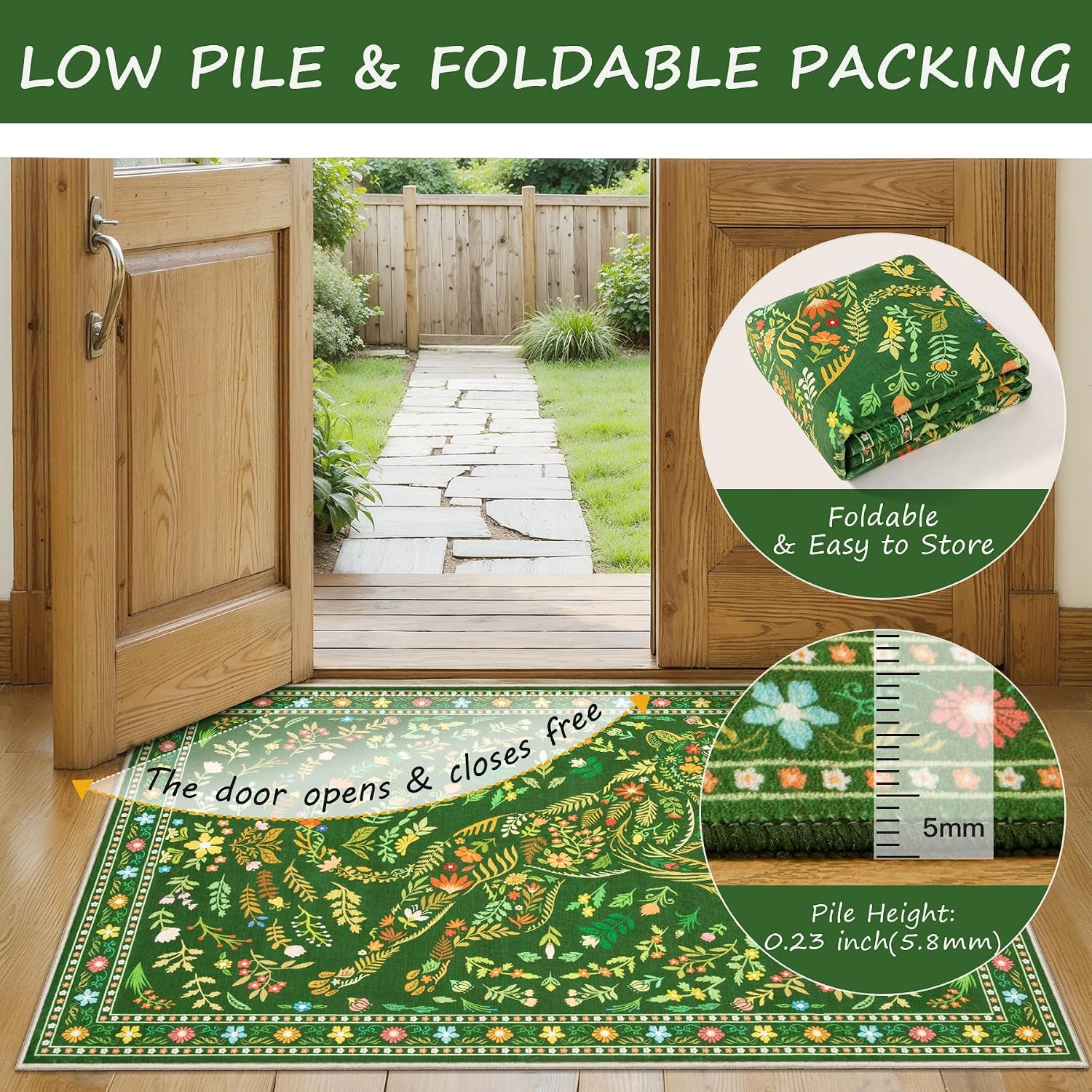 SERISSA Boho Floral & Cheetah Washable Accent Rug, Non-Slip Soft Low-Pile Floor Mat for Entryway, Kitchen, Bedroom, Laundry Room & Entrance – Vibrant Green Decor