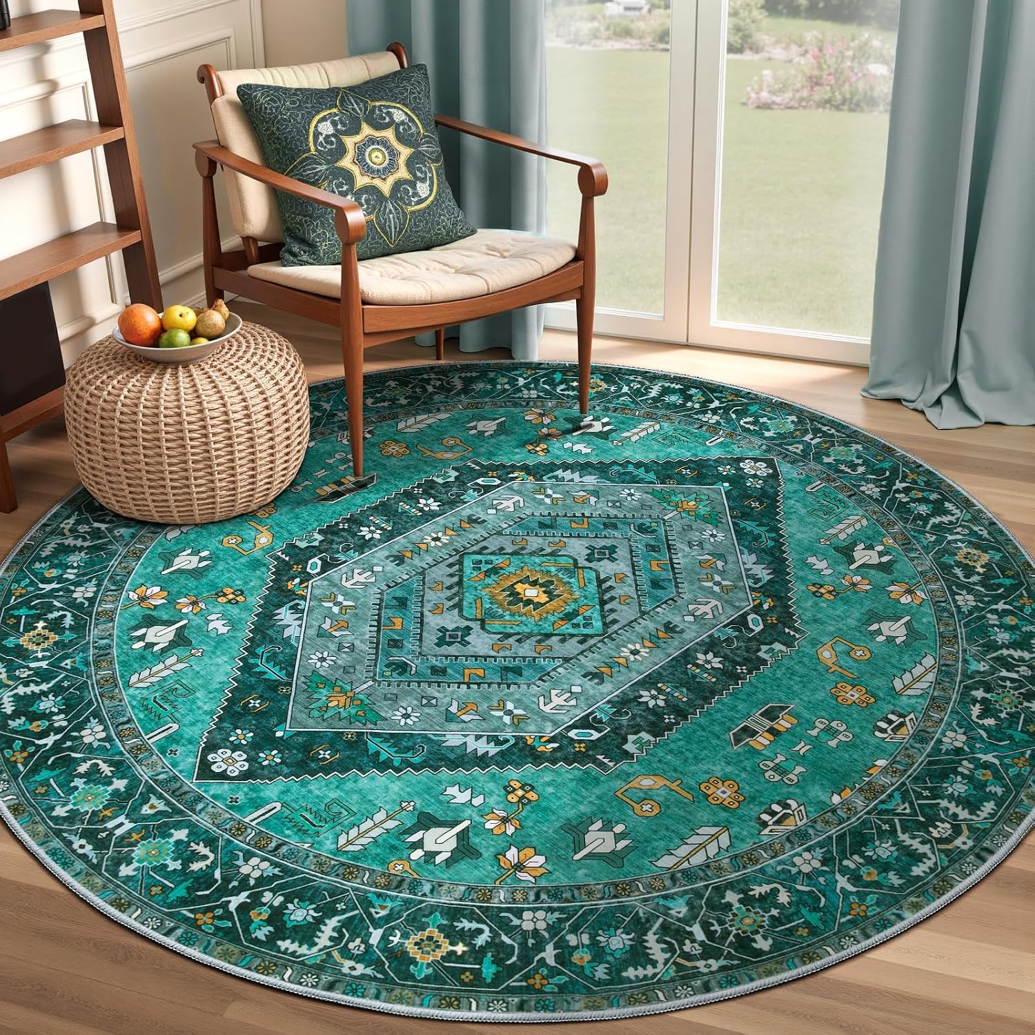 4ft Teal Washable Round Rug - Vintage Oriental Boho Circle Carpet