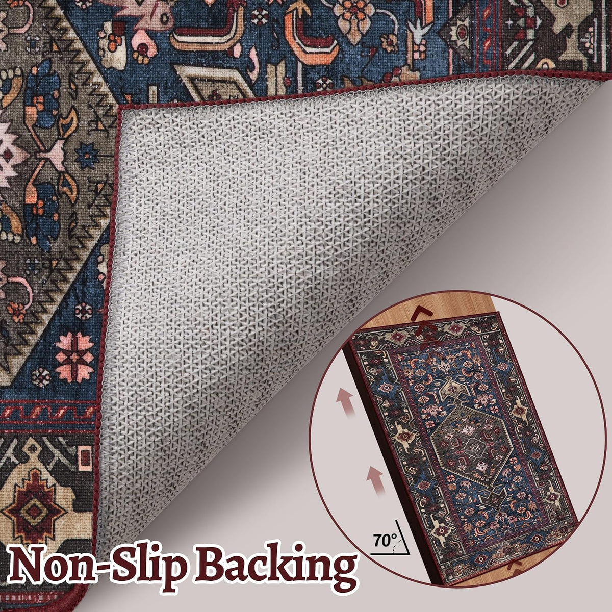 2x6 Blue and Red Vintage Boho Washable Runner Rug - Non-Slip Hallway Carpet