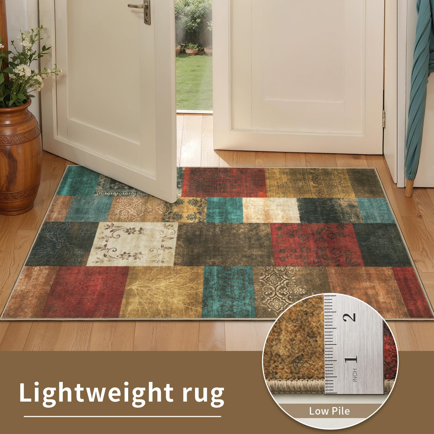 SERISSA Modern Abstract Washable Area Rug, 5'x7' Non-Slip Soft Low-Pile Floor Carpet for Living Room, Dining Room, Bedroom & Office – Geometric Red & Brown Decor