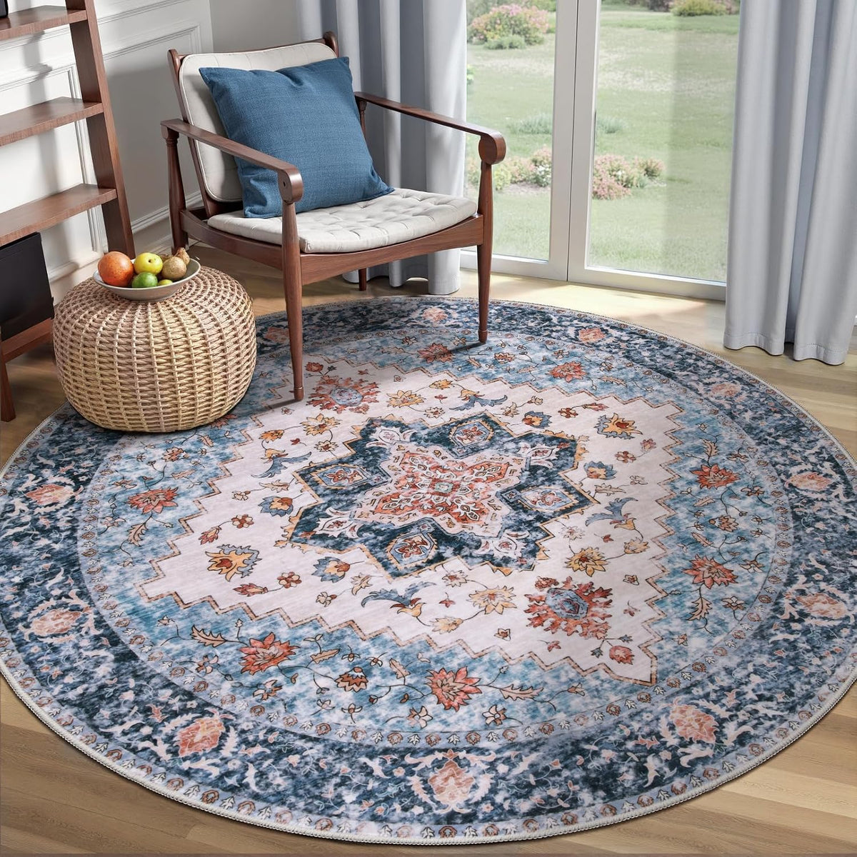 4ft Blue and Orange Boho Washable Round Area Rug - Non-Slip Circle Carpet
