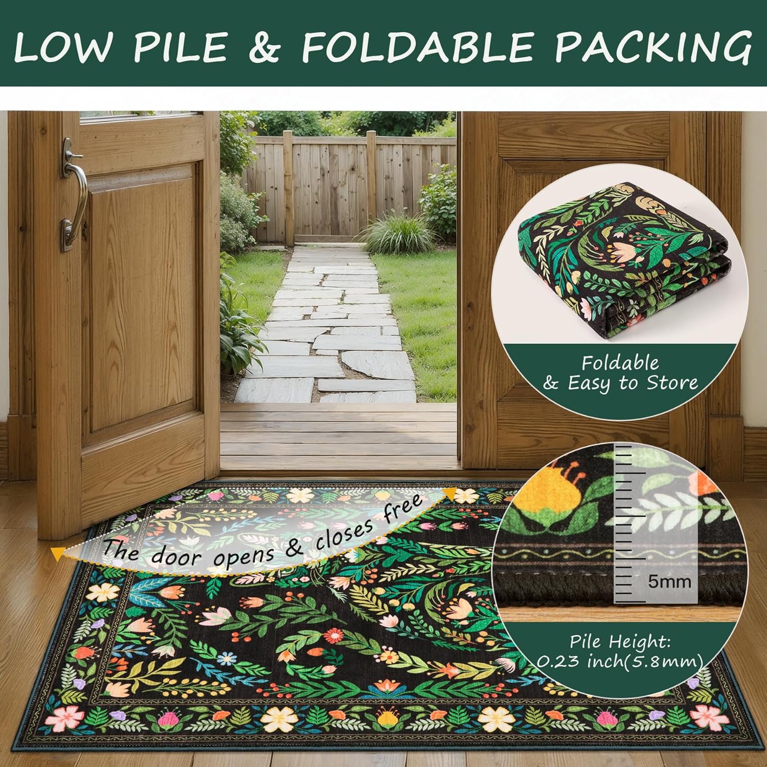 SERISSA Boho Floral & Cat Print Washable Area Rug, Non-Slip Soft Low-Pile Vintage Carpet for Living Room, Dining Room, Bedroom & Kids Playroom – Sophisticated Black Decor