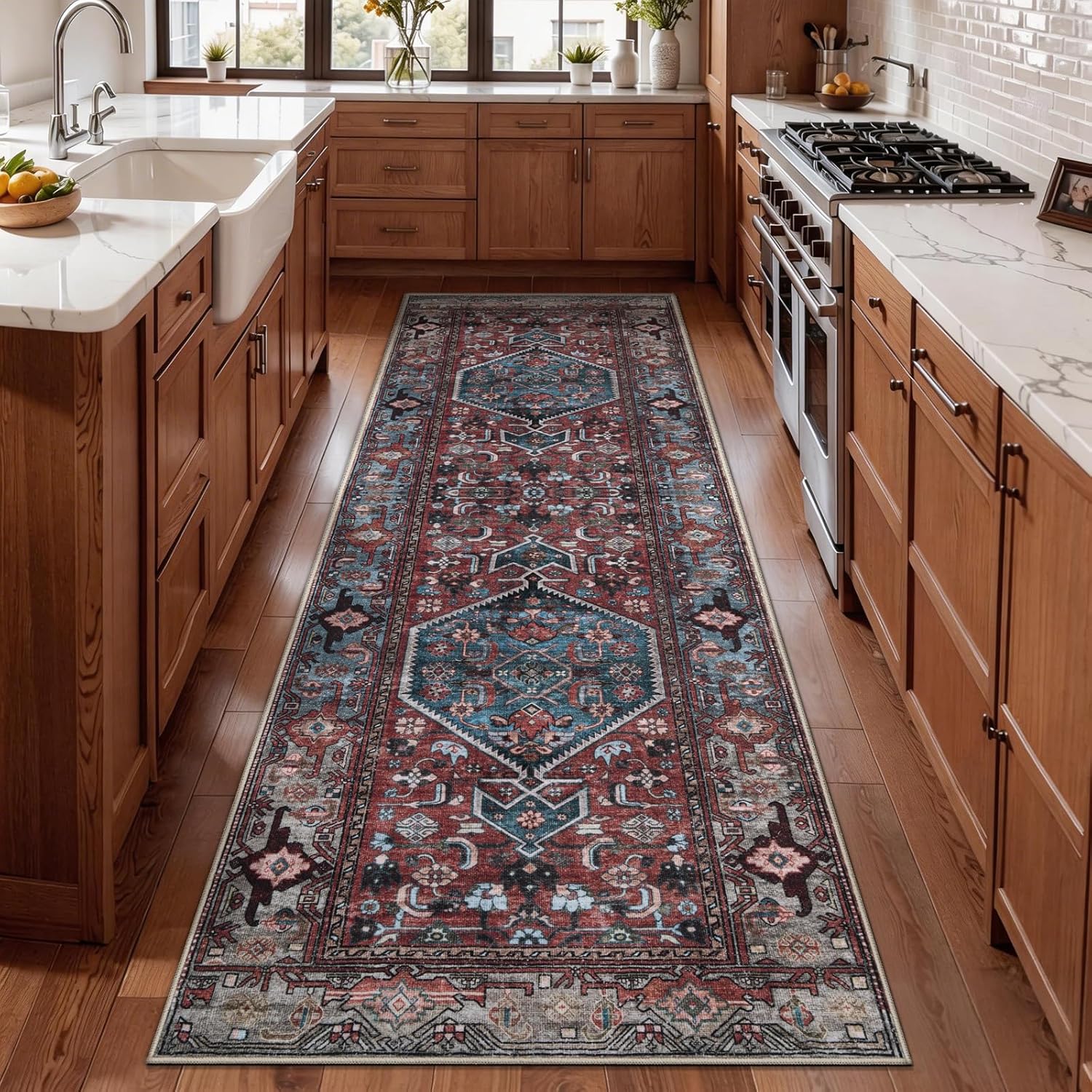SERISSA Vintage 2.6x10 Washable Hallway Runner Rug Non Slip(Red Multi+Black Red)