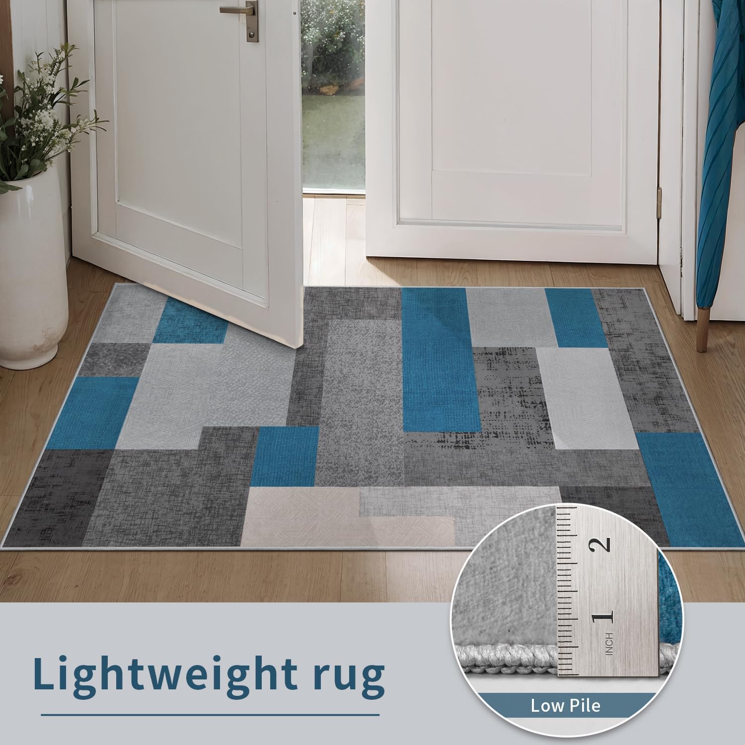 SERISSA Modern Abstract Washable Area Rug, 5'x7' Non-Slip Soft Low-Pile Floor Carpet for Living Room, Dining Room, Bedroom & Office – Geometric Blue & Grey Decor