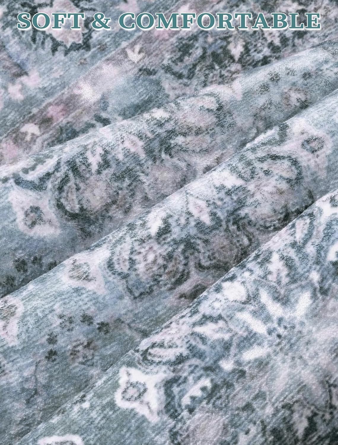 2x6 Blue Grey Floral Vintage Boho Washable Runner Rug - Non-Slip Hallway Carpet