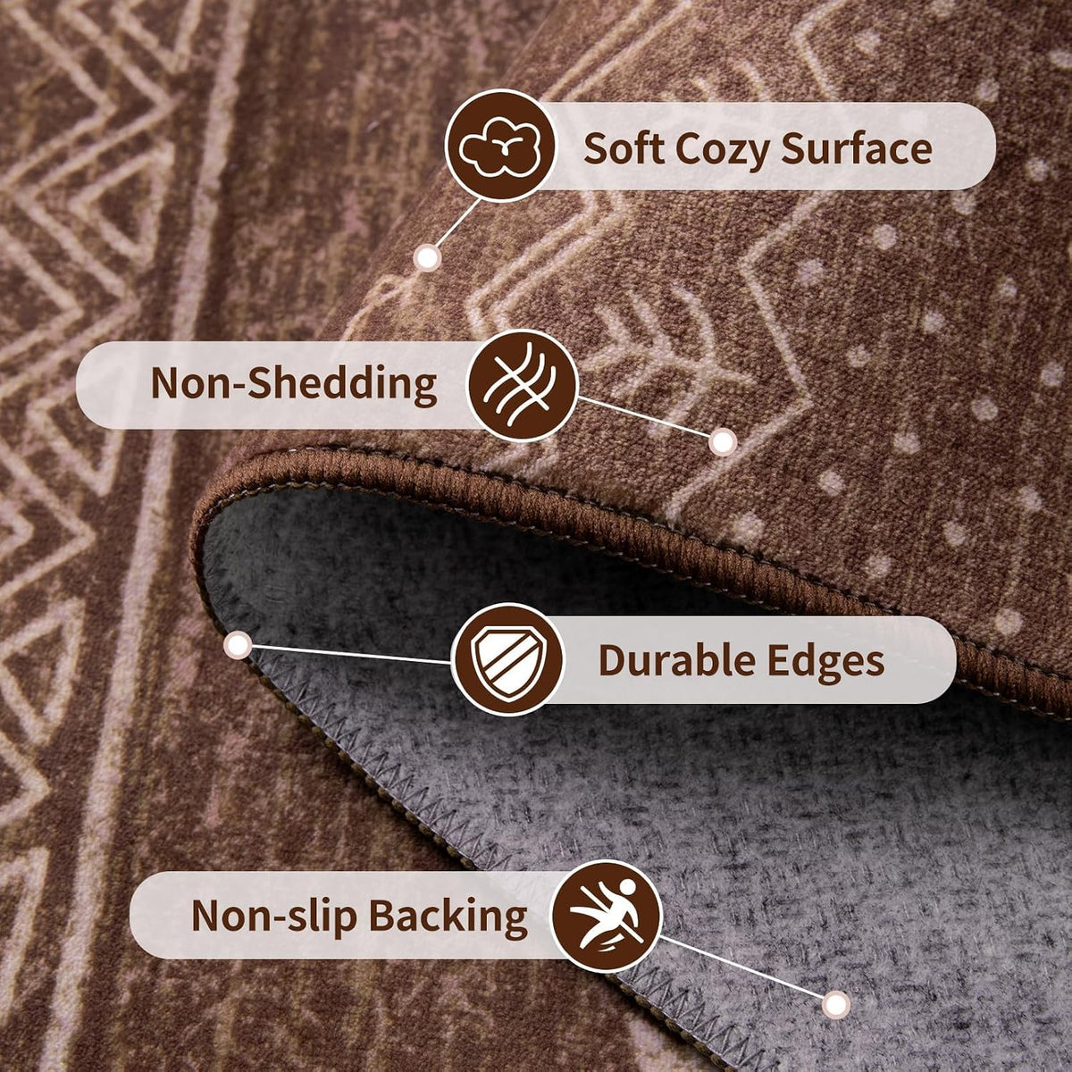 2x3 Coffee Brown Geometric Boho Washable Small Rug - Non-Slip Entryway Mat