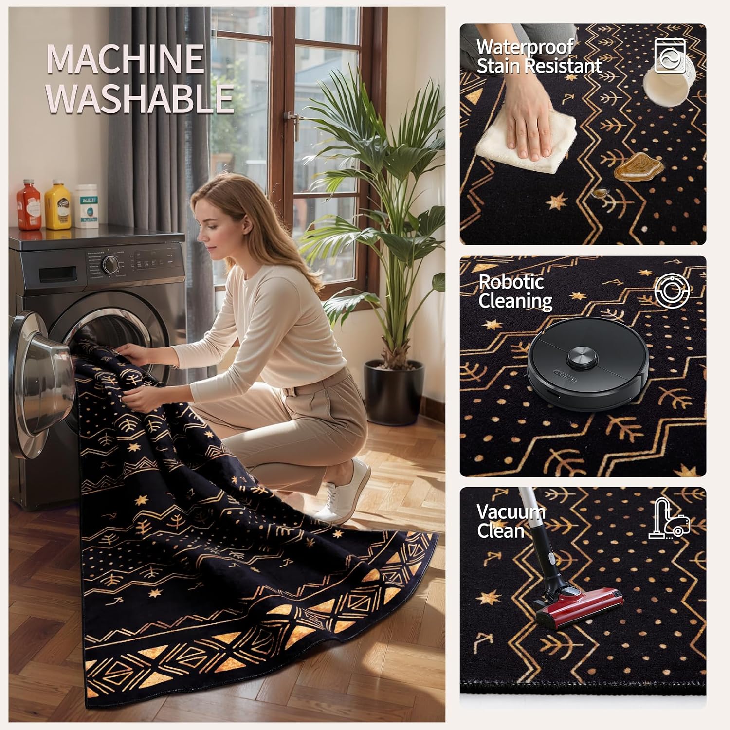 9x12 Washable Living Room Area Rug - Black and Gold Moroccan Carpet