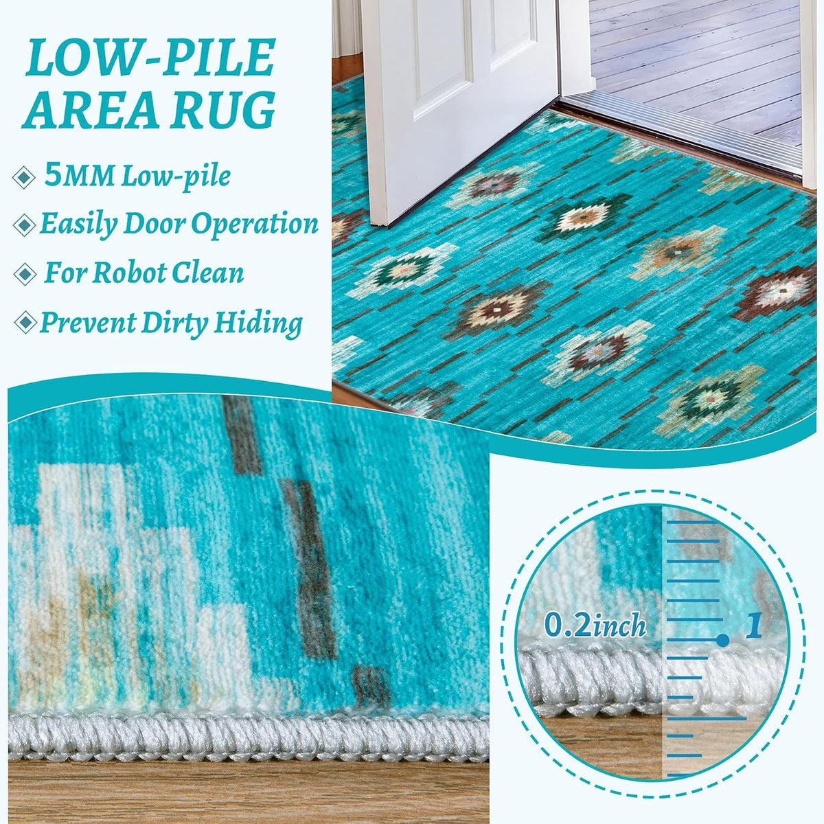 2x6 Teal Washable Kitchen Runner Rug - Southwestern Boho Long Carpet