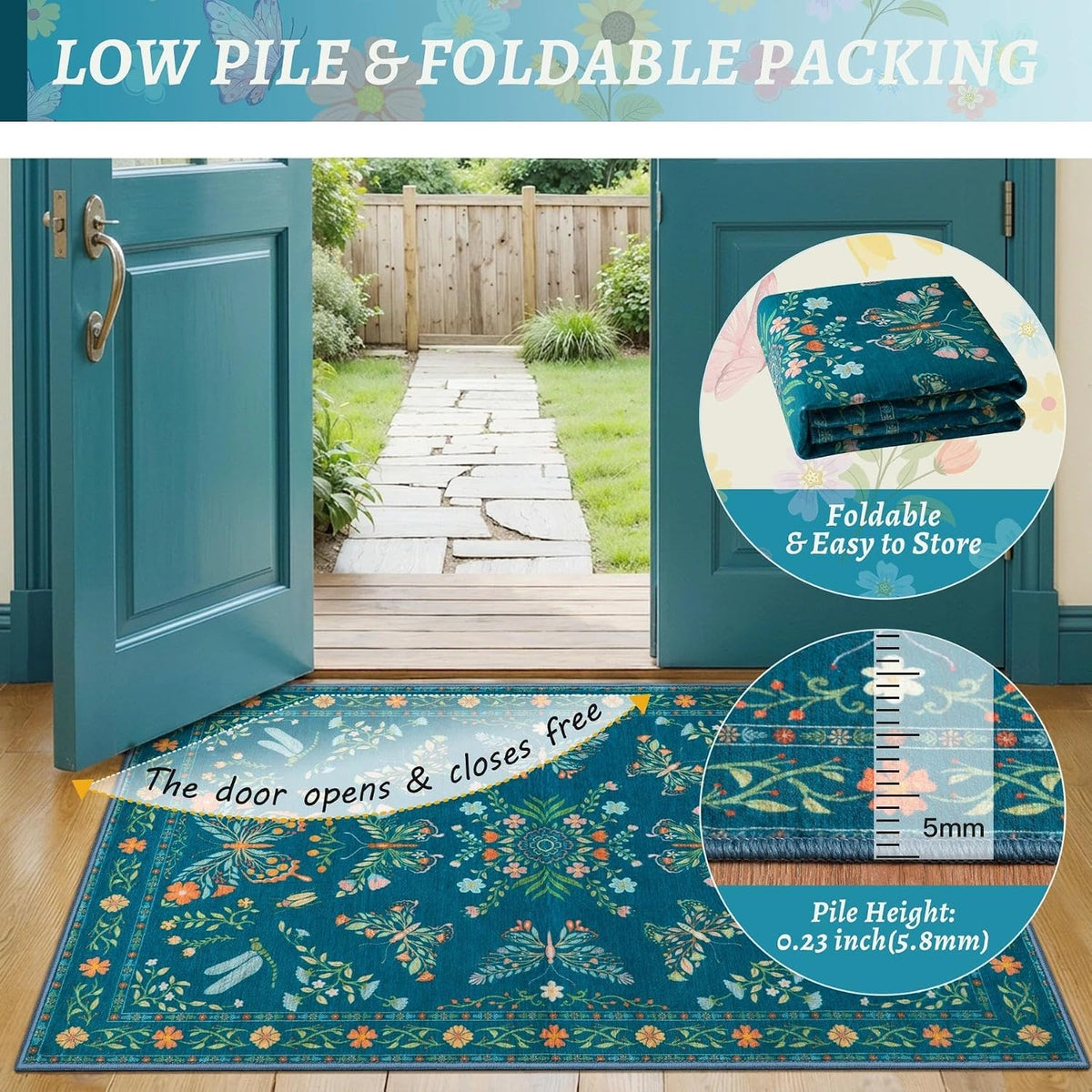 6x9 Green Floral Butterfly Boho Washable Area Rug - Non-Slip Large Carpet