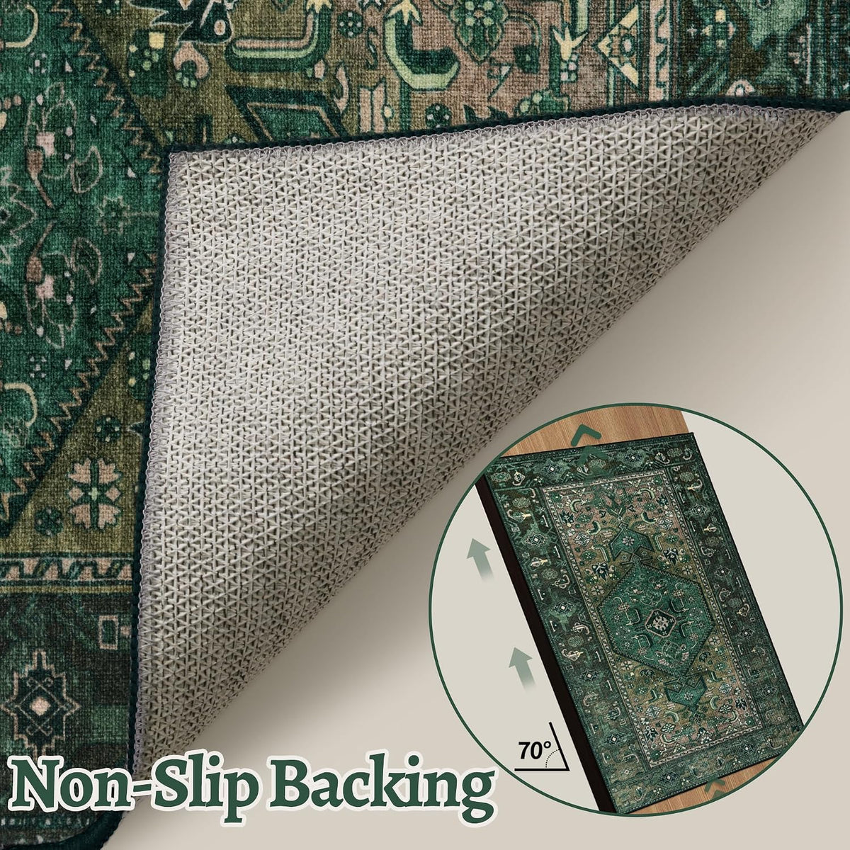 2x5 Dark Green Vintage Boho Washable Runner Rug - Non-Slip Hallway Carpet