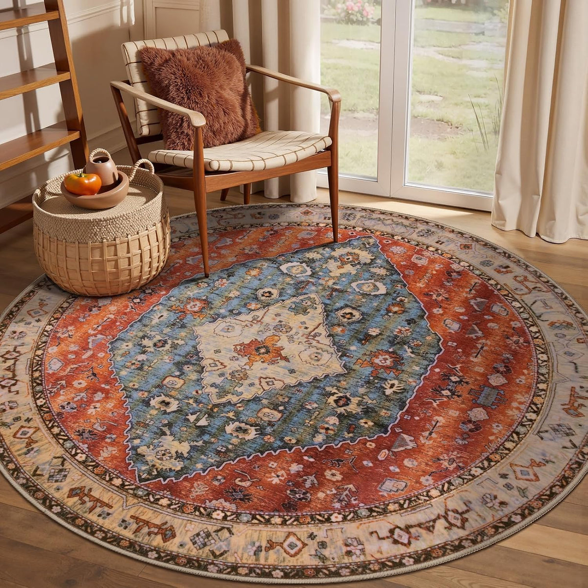 4ft Boho Washable Round Area Rug - Non-Slip Circle Carpet for Bedroom