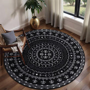 4ft Black and White Moroccan Washable Round Rug - Non-Slip Circle Carpet