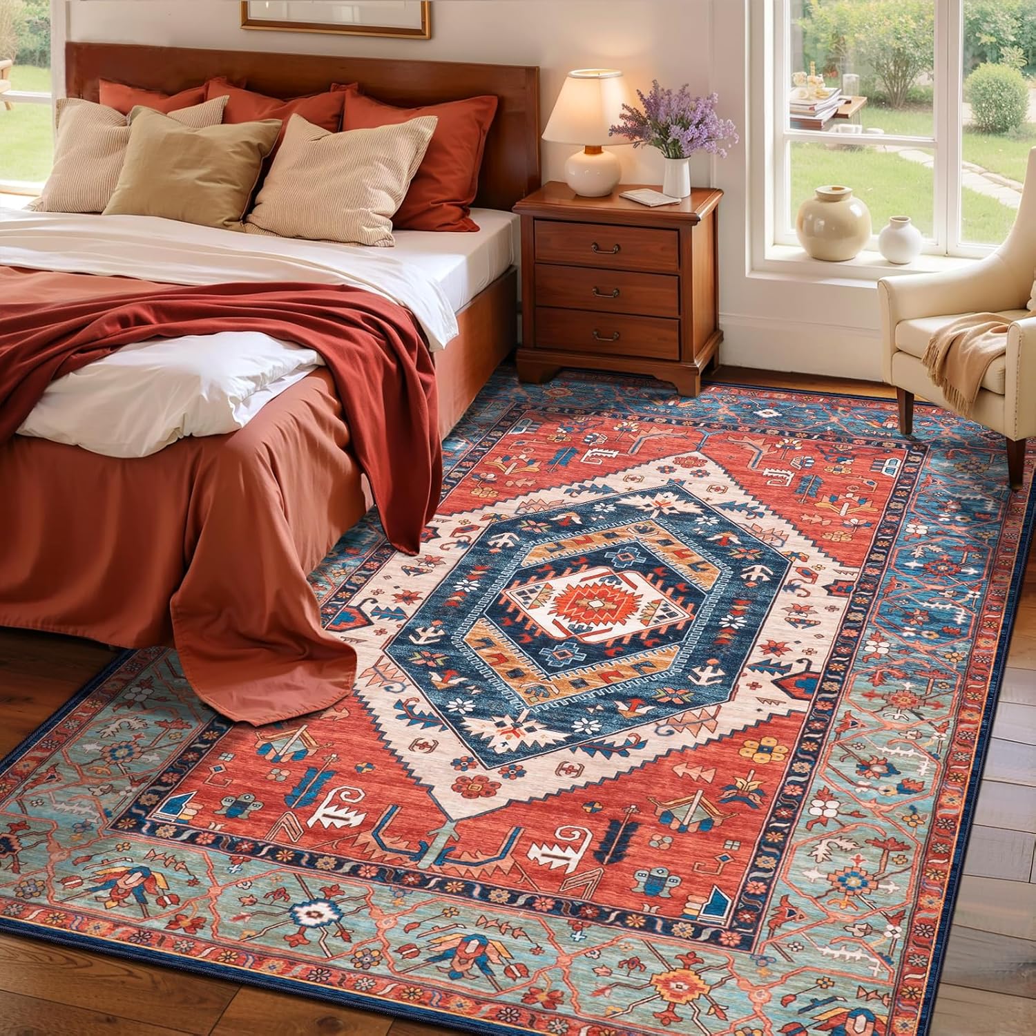 SERISSA Vintage Boho Washable Area Rug, 3'x5' Non-Slip Distressed Tribal Throw Rug for Living Room, Bedroom, Nursery & Kitchen – Ultra Soft Low-Pile Floor Carpet