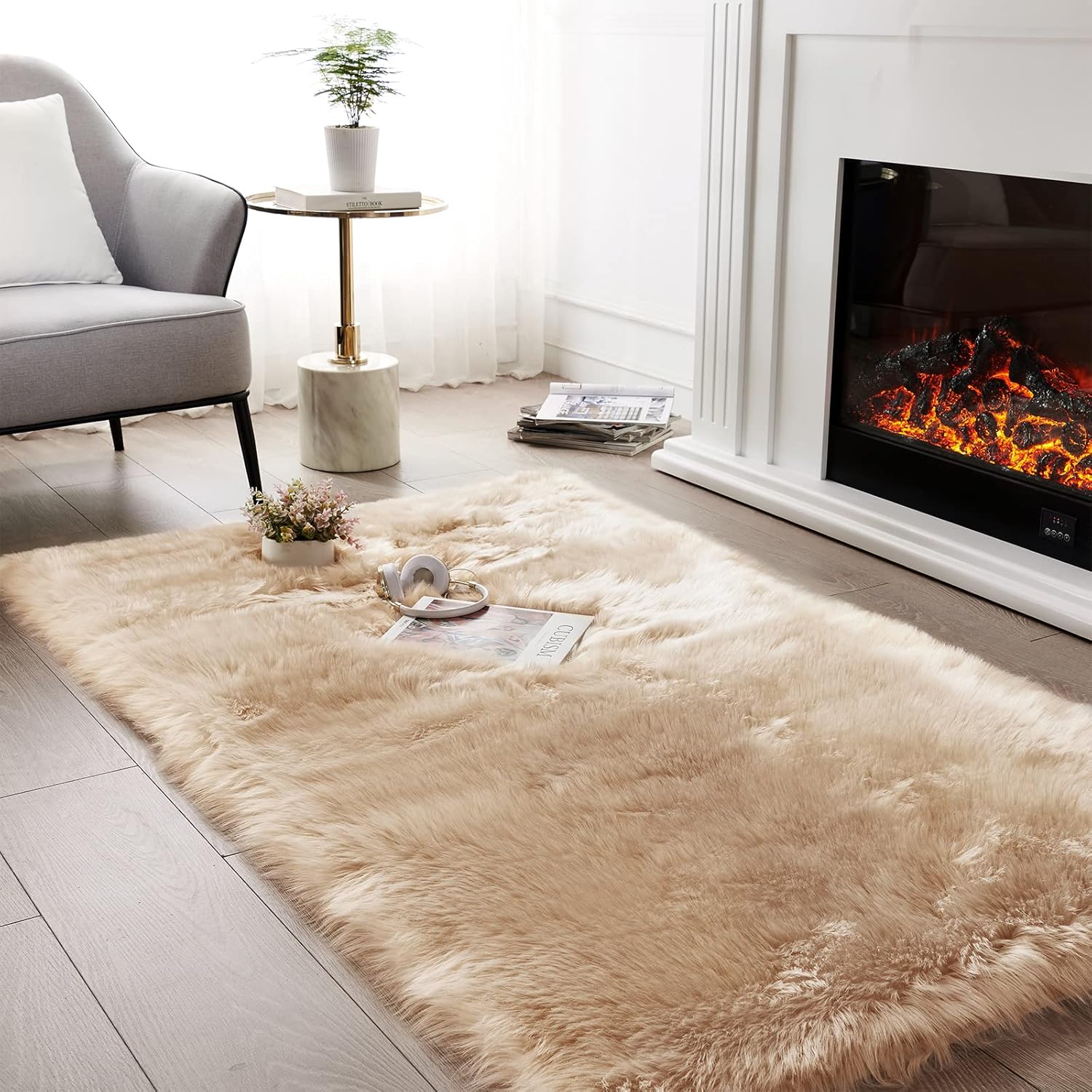 SERISSA Faux Sheepskin Shaggy Area Rug, 8'x10' Large Ultra-Soft Fluffy Floor Carpet for Living Room, Bedroom & Nursery – Luxurious Beige Furry Decor