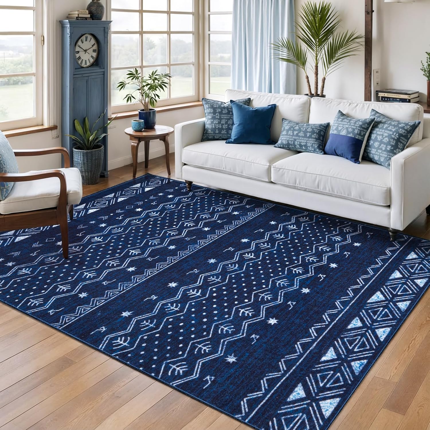 3x5 Blue and White Moroccan Washable Small Rug - Non-Slip Accent Carpet