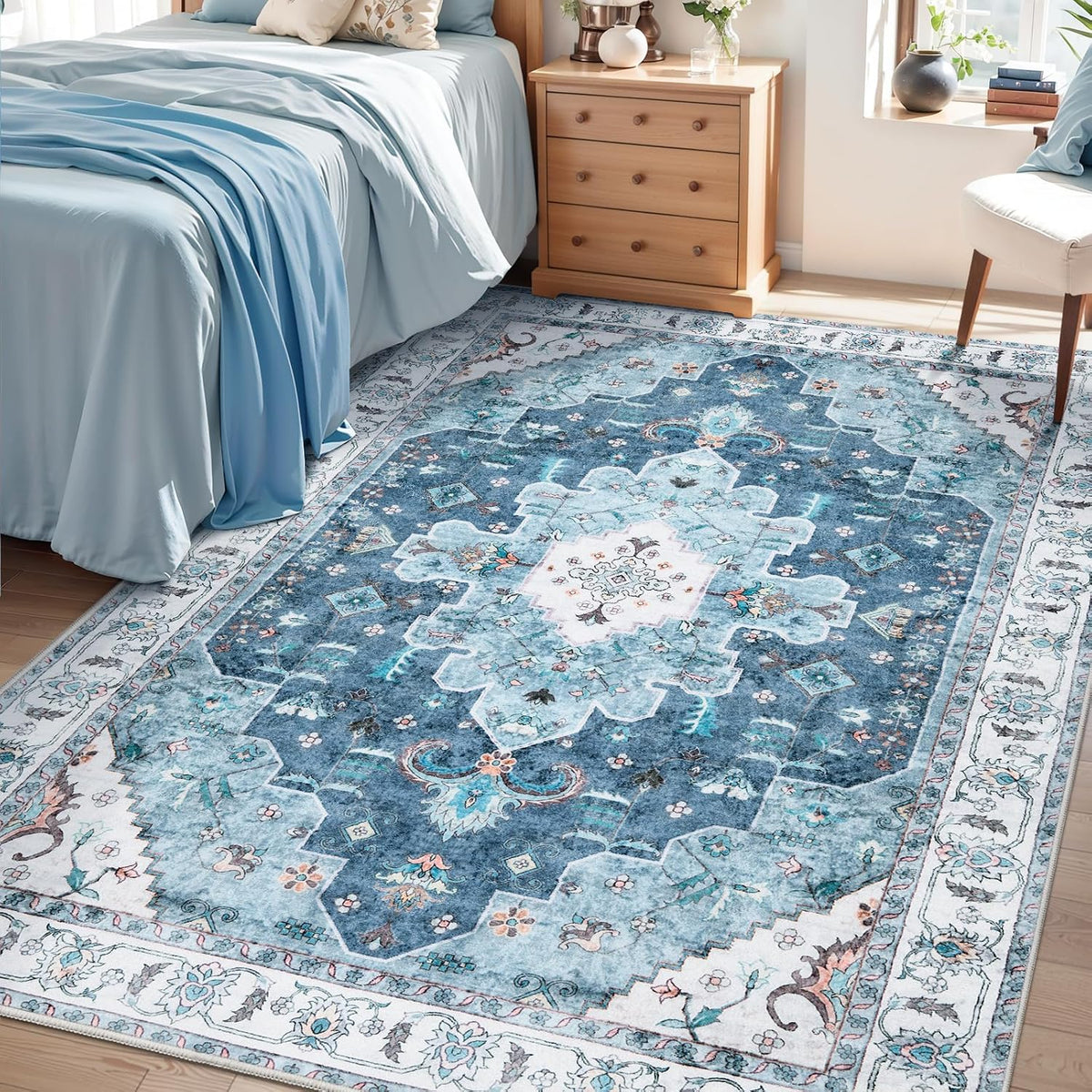 2x3 Blue Vintage Boho Washable Small Area Rug - Non-Slip Entryway Mat