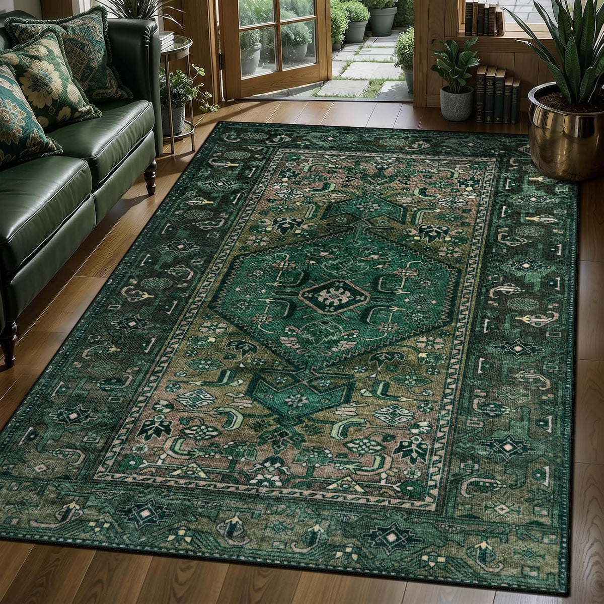 2x5 Dark Green Vintage Boho Washable Runner Rug - Non-Slip Hallway Carpet