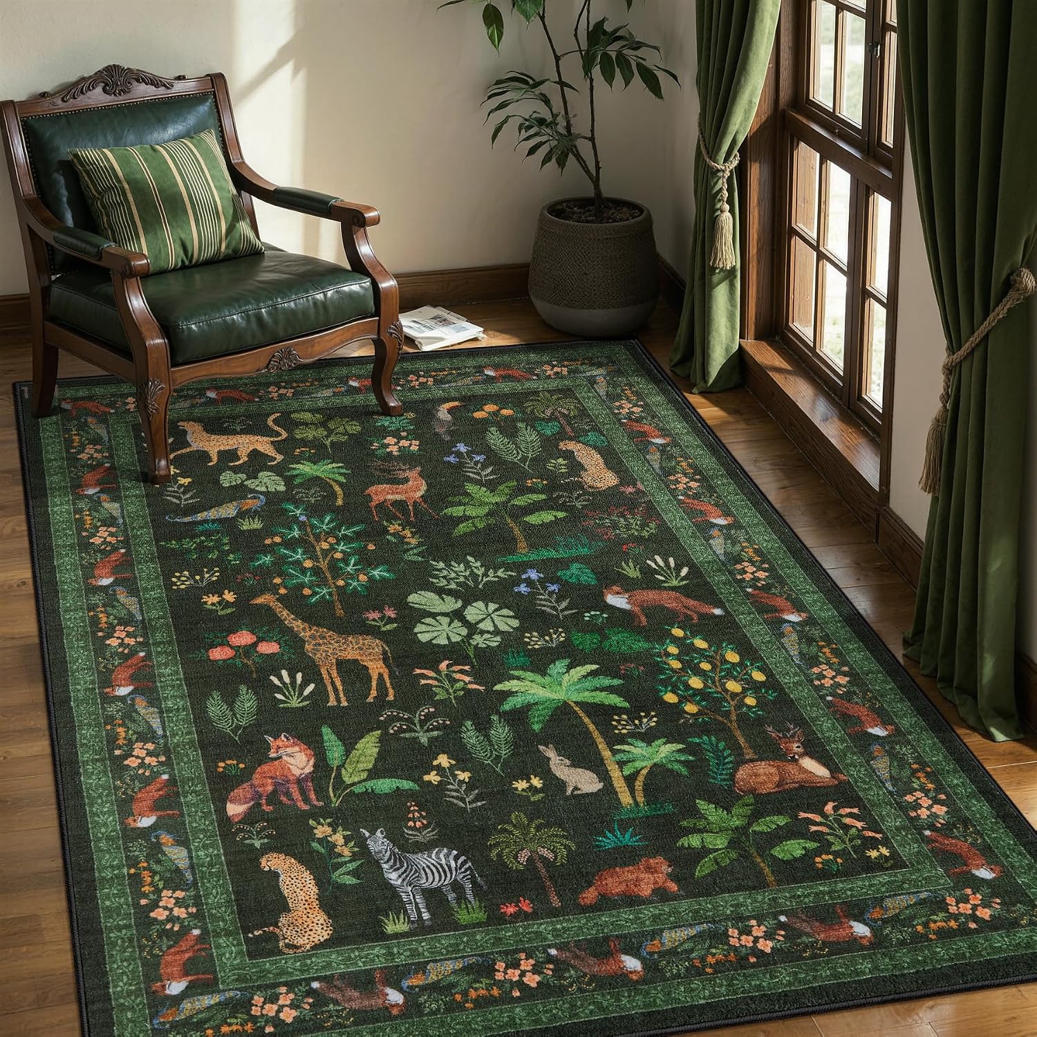 SERISSA Jungle Animal Print Washable Runner Rug, Non-Slip Soft Low-Pile Accent Carpet for Entryway, Hallway, Kitchen, Laundry & Kids Bedroom – Boho Nature Decor