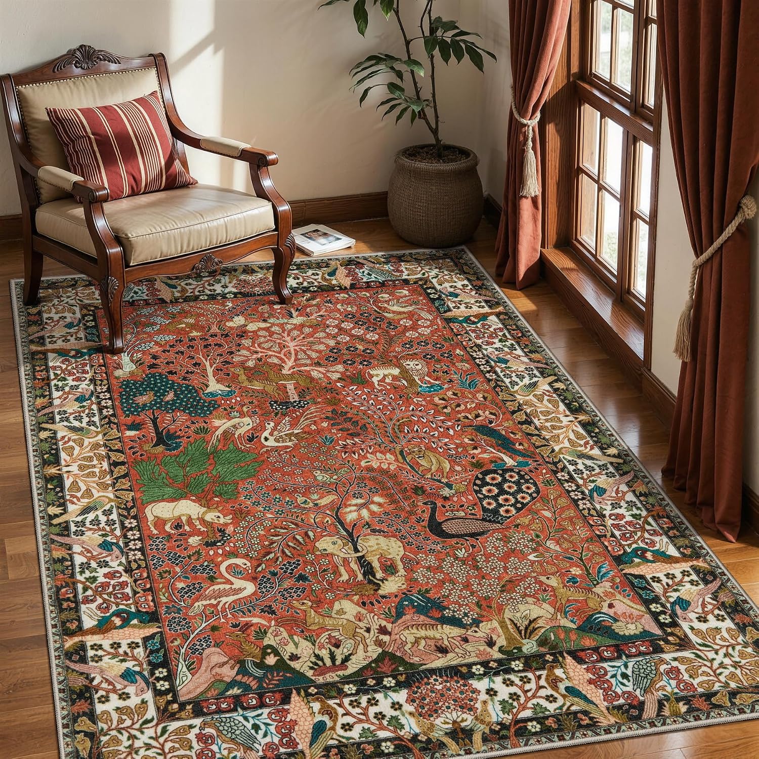 5x7 Vintage Jungle Washable Area Rug - Non-Slip Low-Pile Carpet