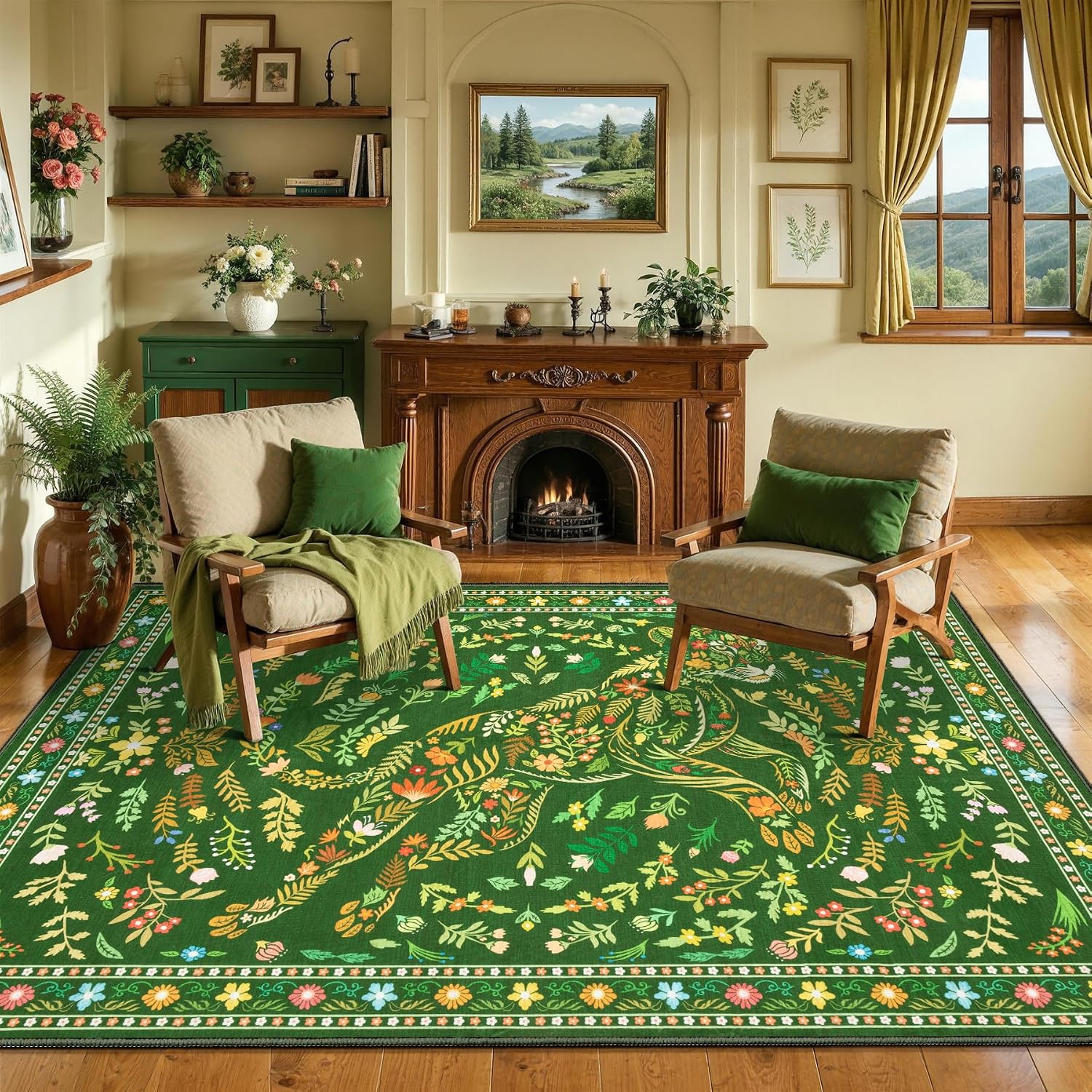 SERISSA Boho Floral & Cheetah Washable Accent Rug, Non-Slip Soft Low-Pile Floor Mat for Entryway, Kitchen, Bedroom, Laundry Room & Entrance – Vibrant Green Decor