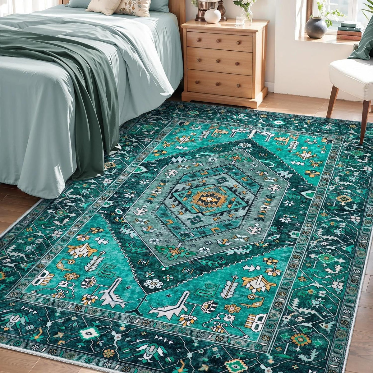 4x6 Teal Vintage Boho Washable Area Rug - Non-Slip Distressed Carpet