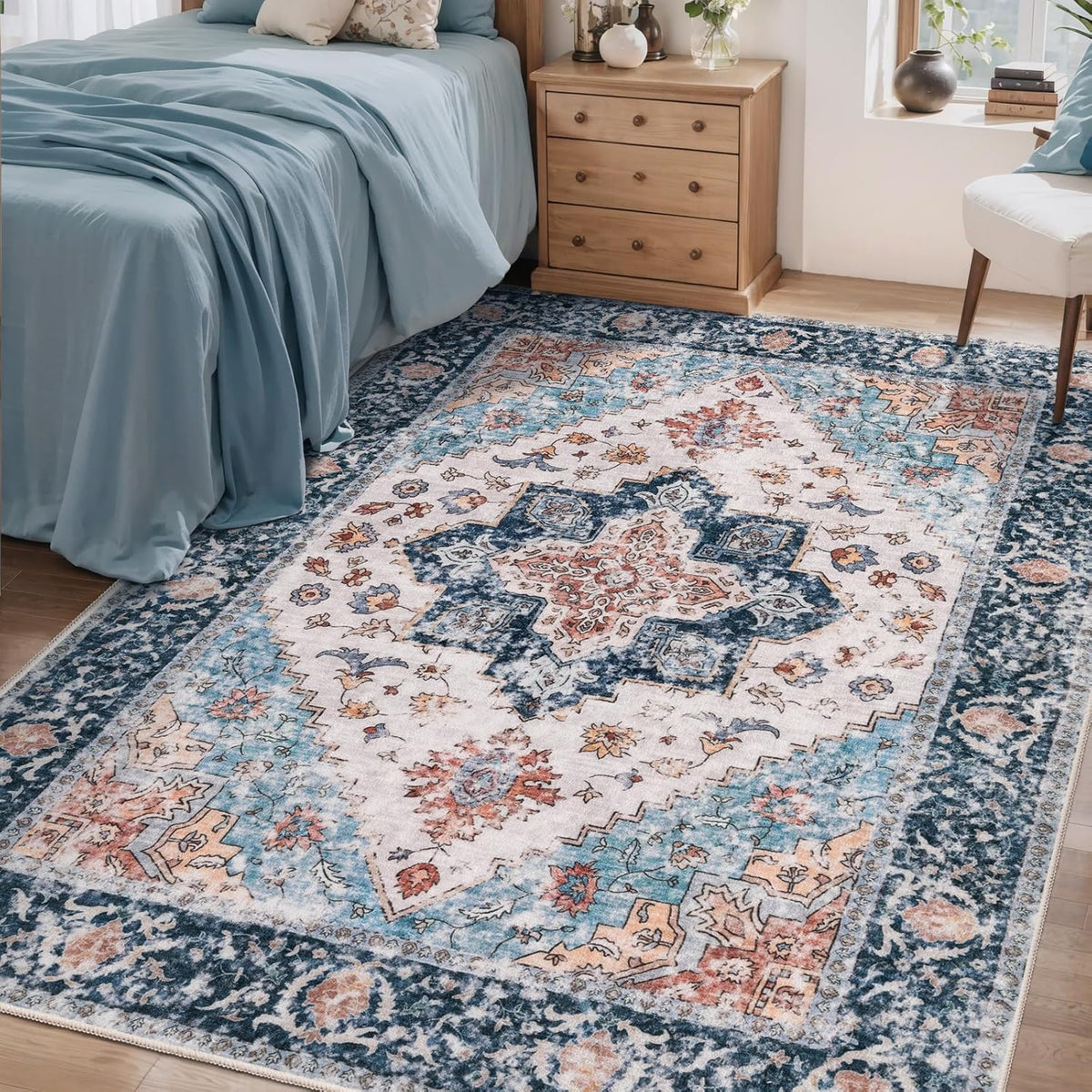 3x4 Blue and Orange Boho Washable Area Rug - Non-Slip Accent Carpet
