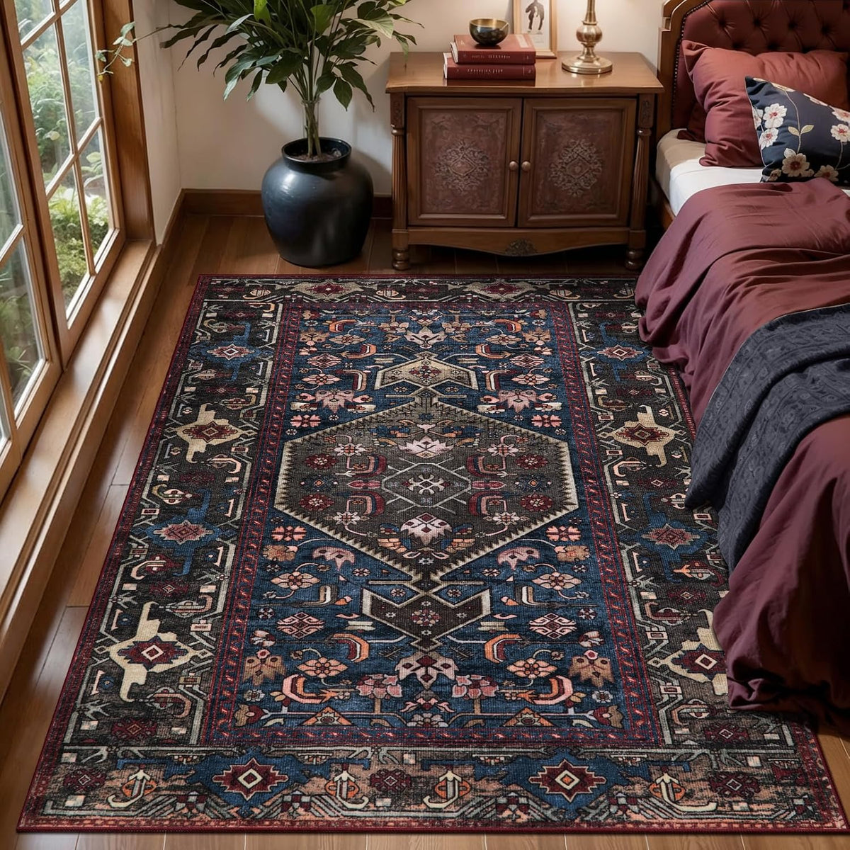 2x6 Blue and Red Vintage Boho Washable Runner Rug - Non-Slip Hallway Carpet