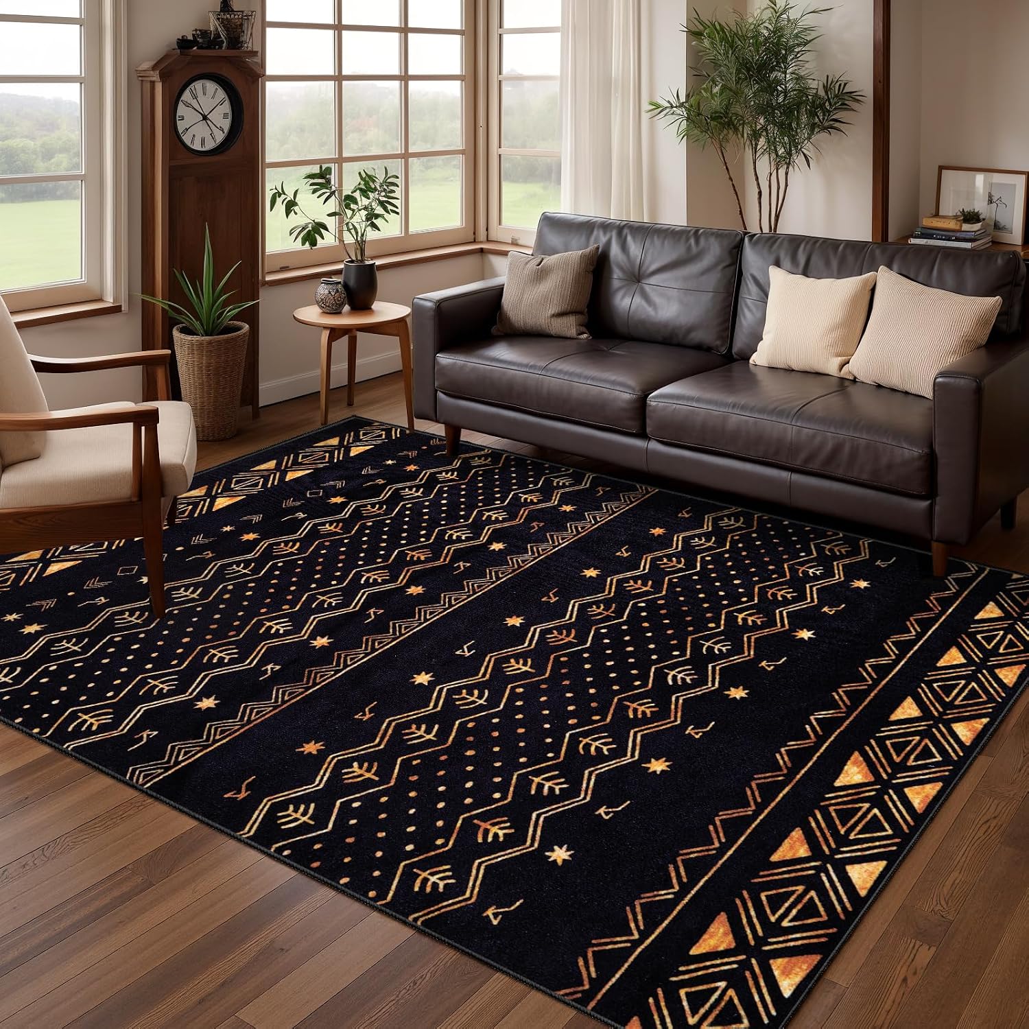 9x12 Washable Living Room Area Rug - Black and Gold Moroccan Carpet