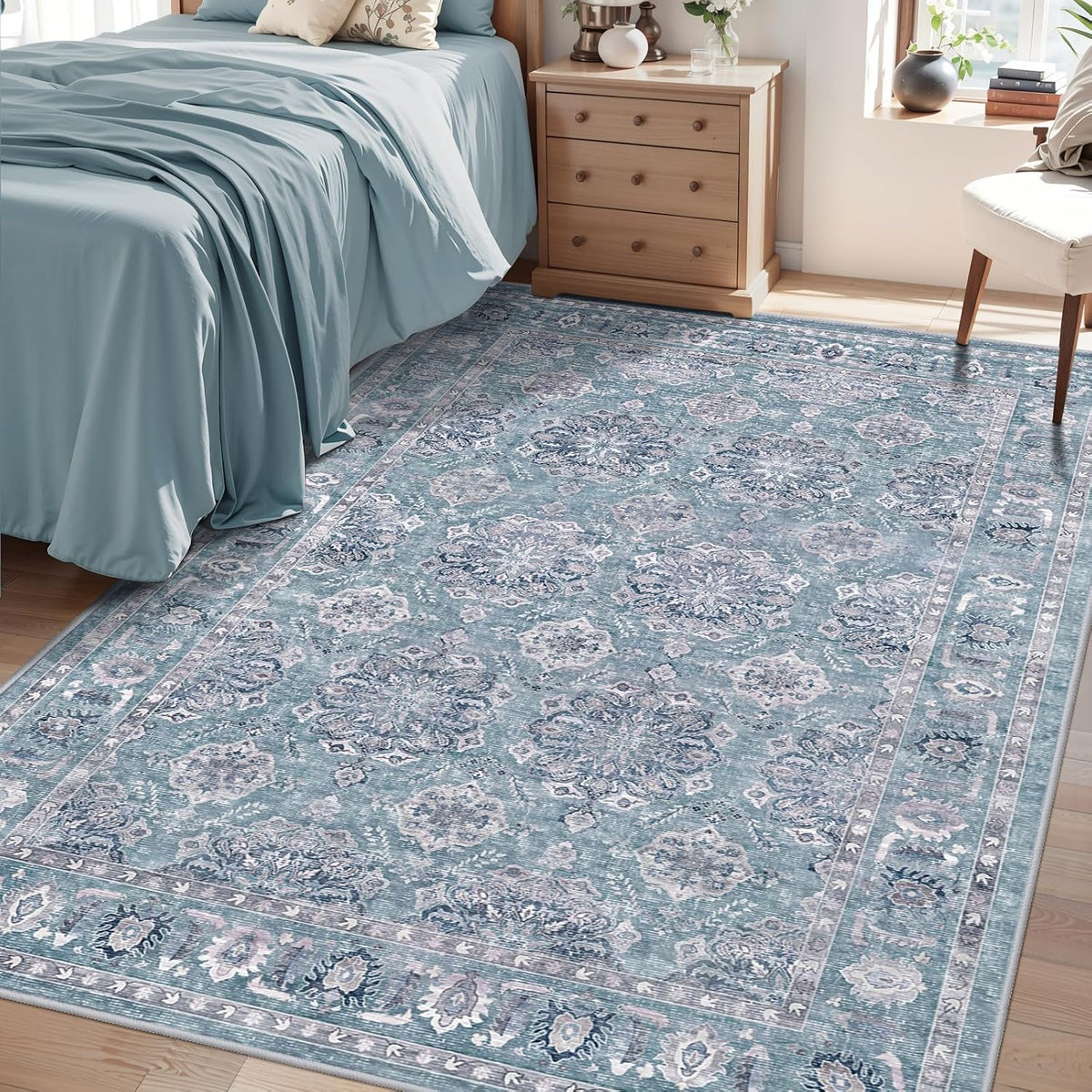 8x10 Blue Grey Floral Vintage Boho Washable Area Rug - Non-Slip Large Carpet