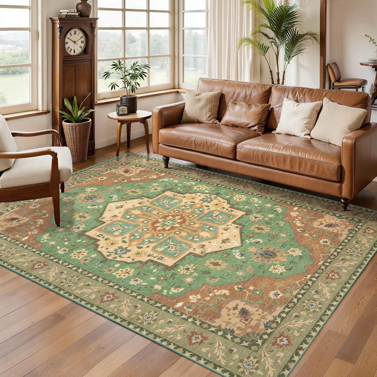 2'6"x8' Terracotta Green Vintage Washable Runner Rug - Non-Slip Hallway Carpet