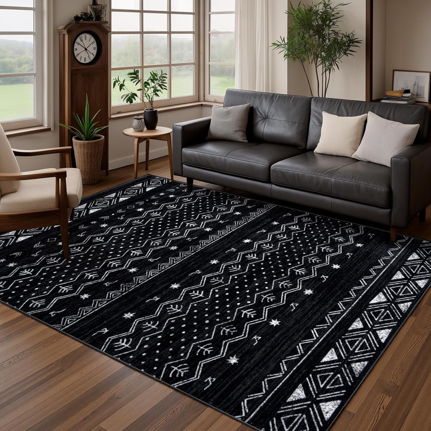 SERISSA Boho Geometric Washable Runner Rug, 2'x10' Non-Slip Long Hallway Carpet for Kitchen, Entryway, Laundry, Bedroom & Bathroom – Soft Low-Pile Black & White Runner