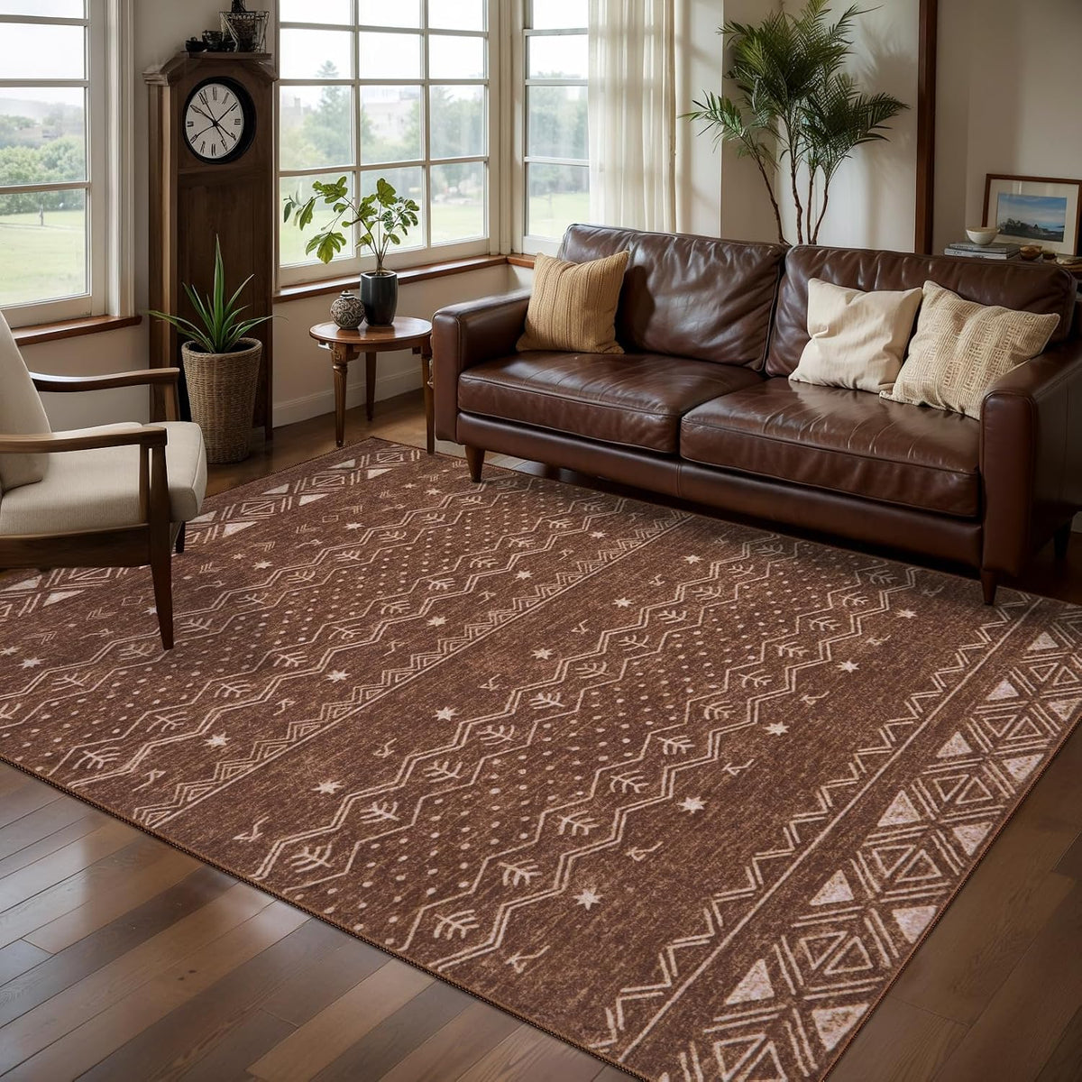 2x3 Coffee Brown Geometric Boho Washable Small Rug - Non-Slip Entryway Mat