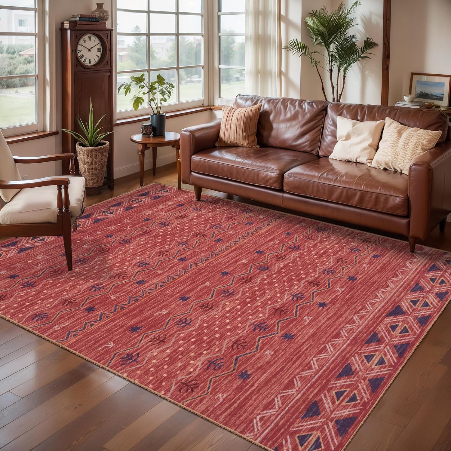 2x10 Red Ochre Washable Hallway Runner Rug - Moroccan Boho Long Carpet