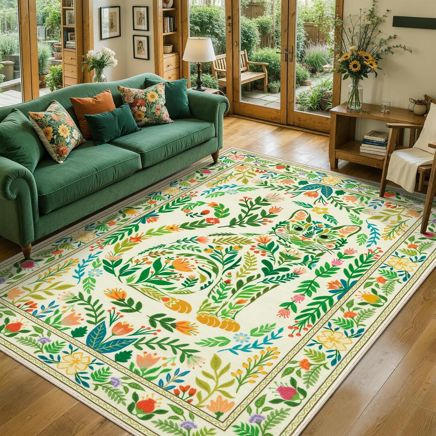SERISSA Boho Floral & Animal Print Washable Accent Rug, Non-Slip Soft Low-Pile Floor Mat for Entryway, Kitchen, Bedroom, Laundry Room & Entrance – Versatile Beige Decor
