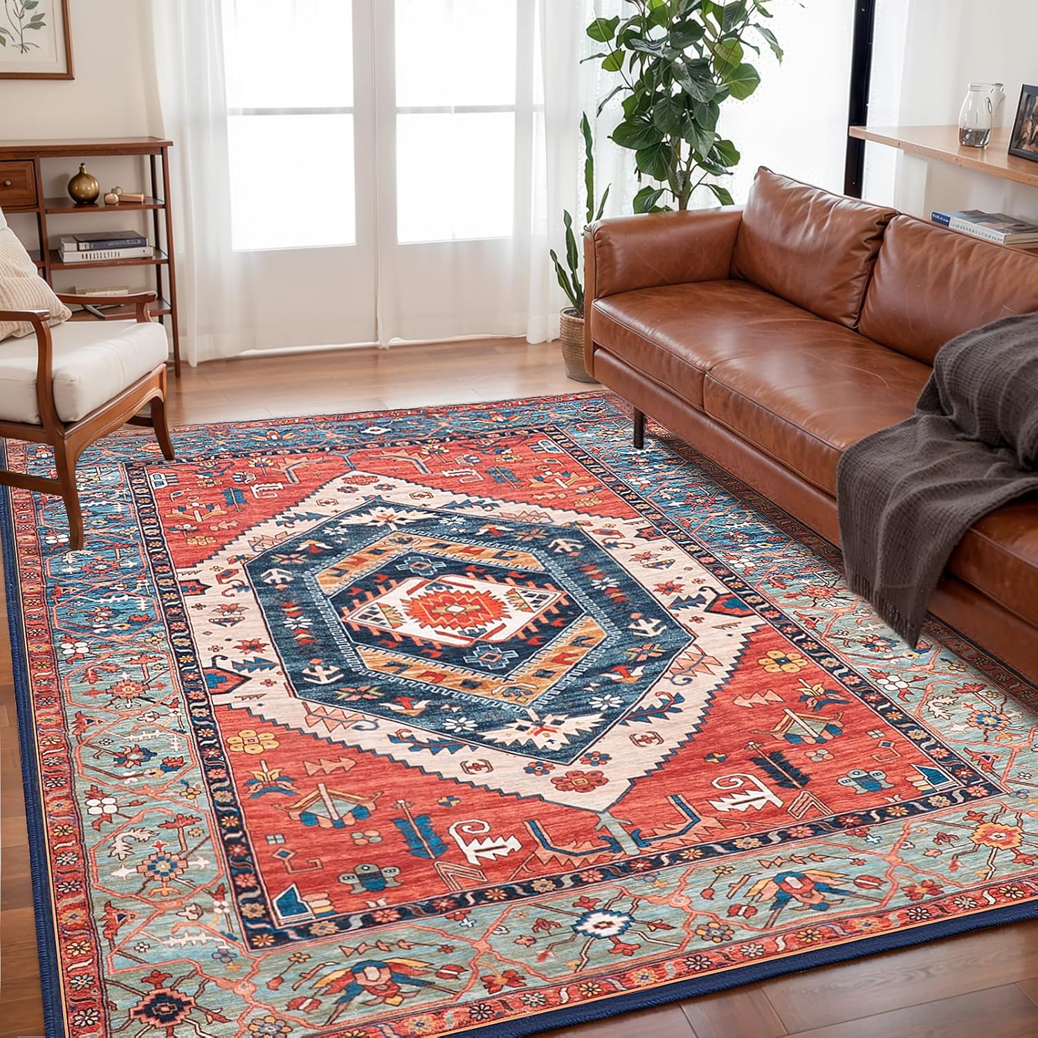 SERISSA 8x10 Washable Area Rug, Soft Non-Slip Distressed Oriental Boho Carpet for Living Room, Dining Room, and Office Decor