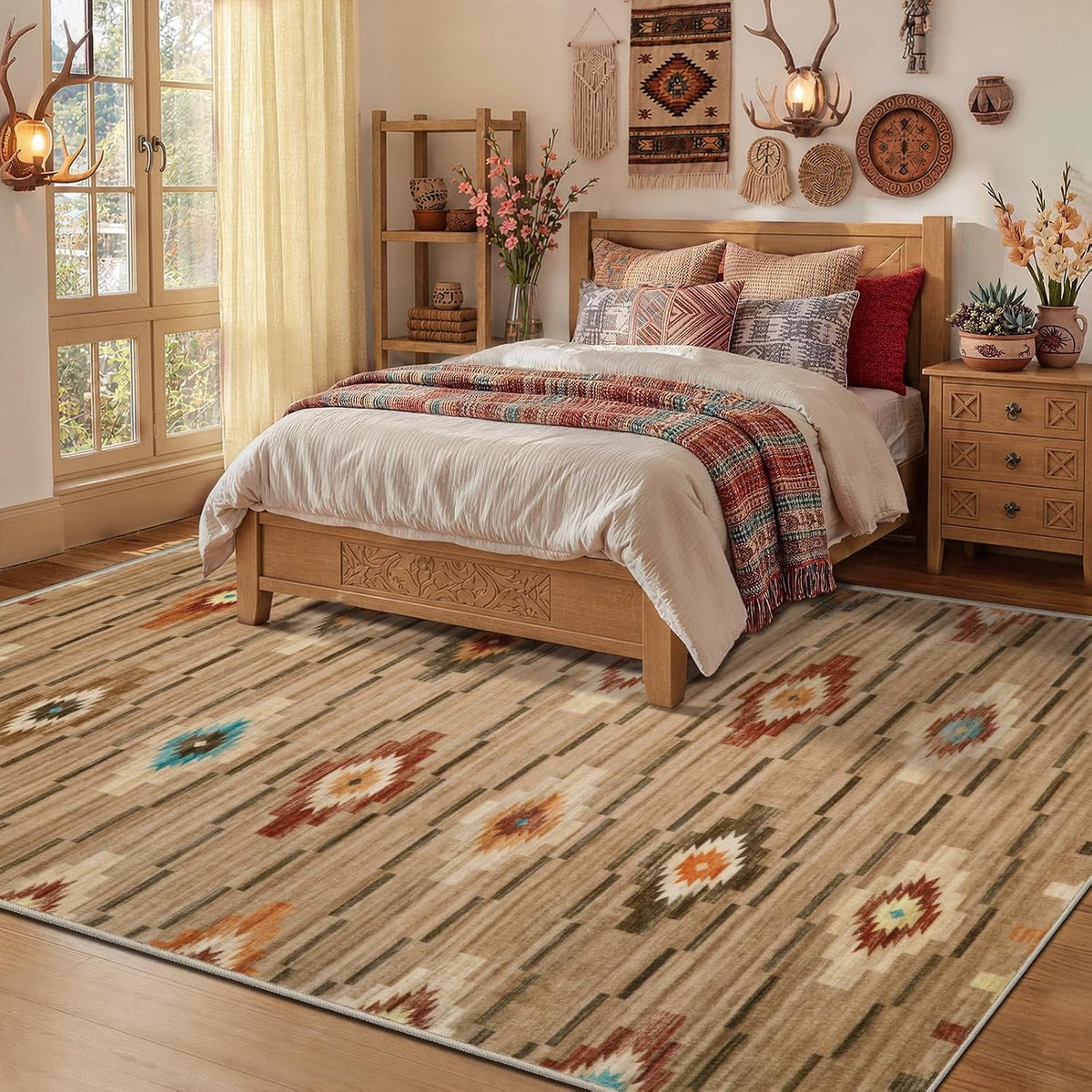 5x7 Khaki Southwestern Washable Area Rug - Non-Slip Abstract Carpet