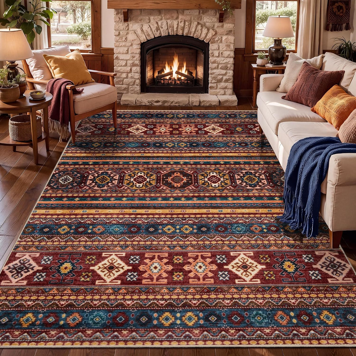 5x7 Red Multi Vintage Boho Washable Area Rug - Non-Slip Large Carpet