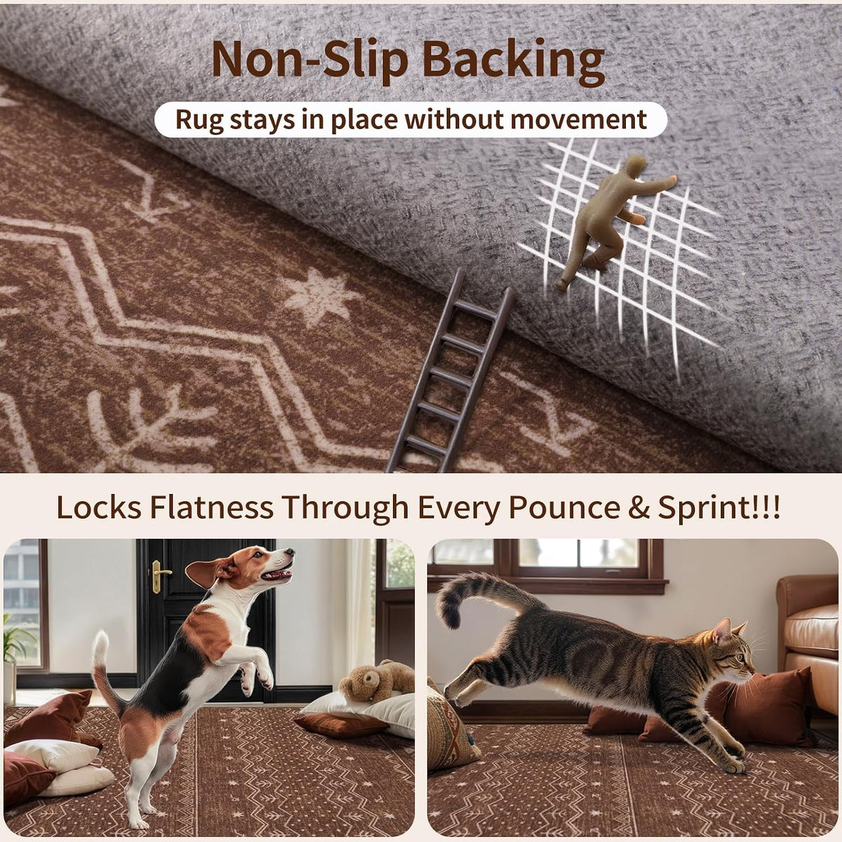 2x3 Coffee Brown Geometric Boho Washable Small Rug - Non-Slip Entryway Mat