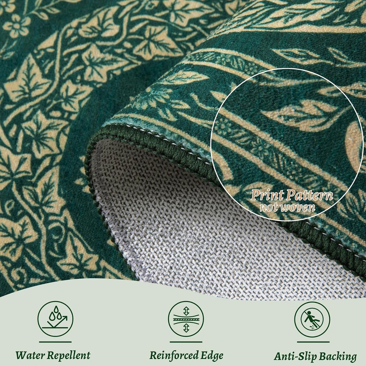 6x9 Green Gothic Floral Snake Washable Area Rug - Non-Slip Large Carpet