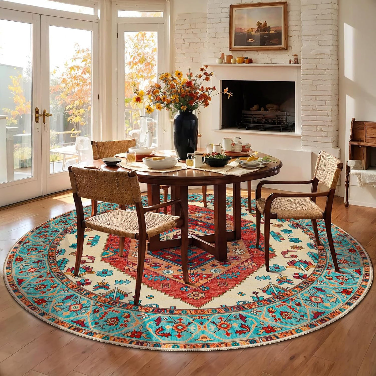 5ft Orange Vintage Boho Washable Round Area Rug - Non-Slip Circle Carpet