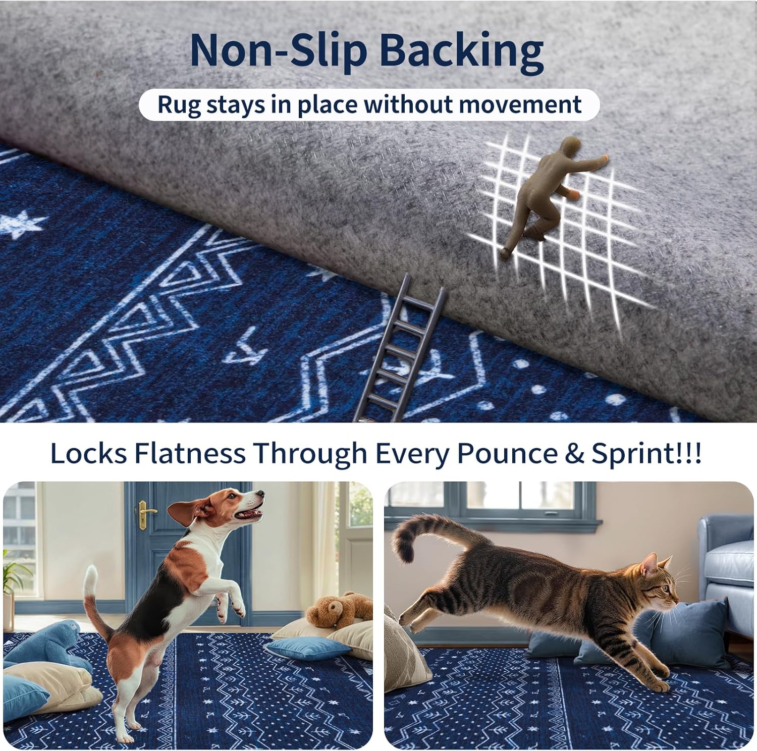 3x5 Blue and White Moroccan Washable Small Rug - Non-Slip Accent Carpet
