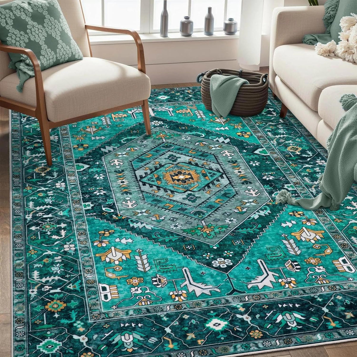 4x6 Teal Vintage Boho Washable Area Rug - Non-Slip Distressed Carpet