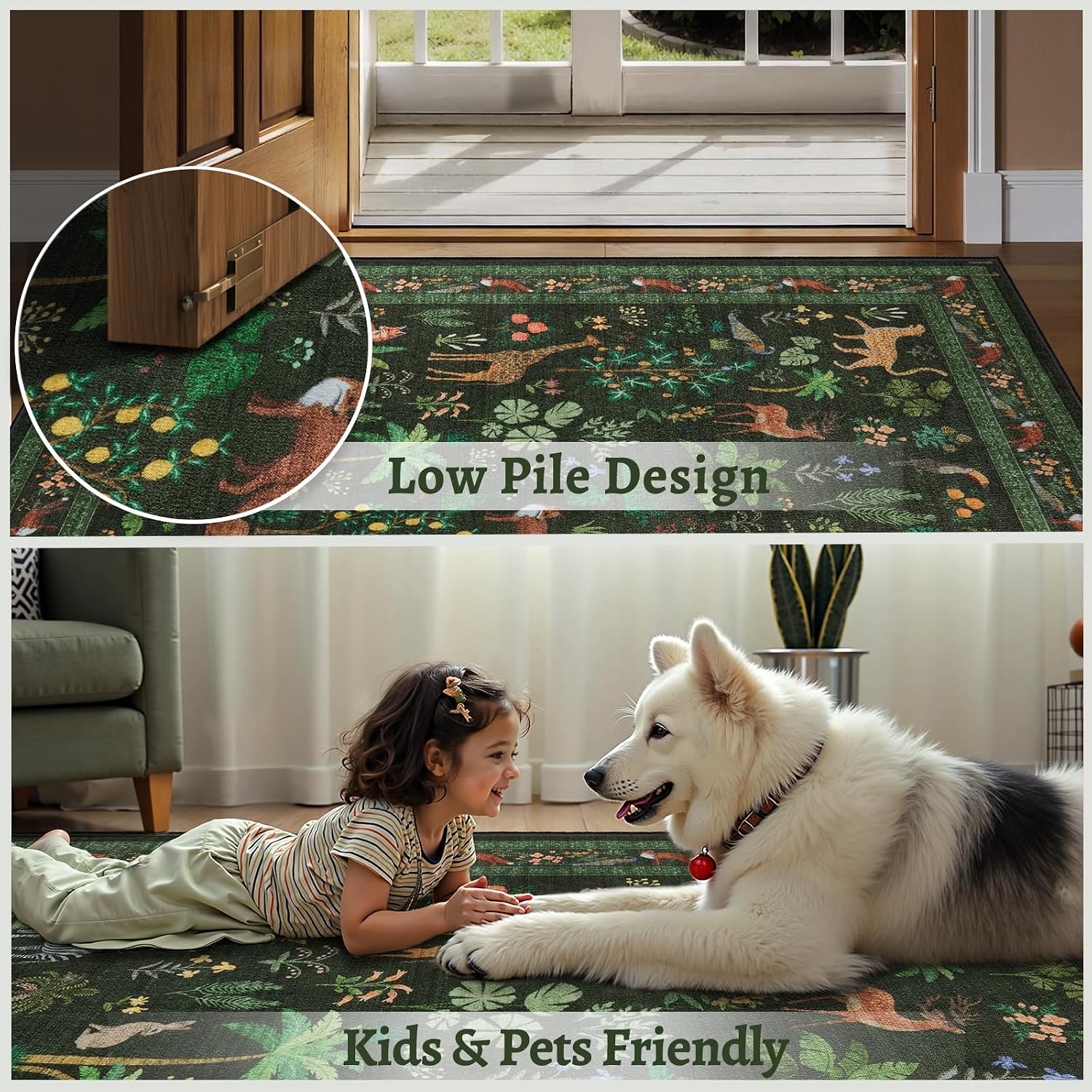 SERISSA Jungle Animal Print Washable Runner Rug, Non-Slip Soft Low-Pile Accent Carpet for Entryway, Hallway, Kitchen, Laundry & Kids Bedroom – Boho Nature Decor